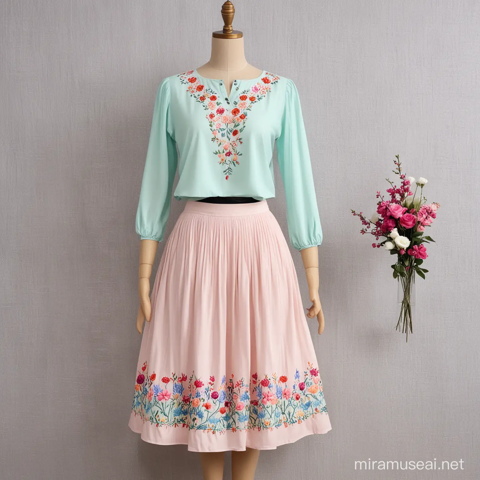 Pastel colour skirt and top for women with embroidery design
