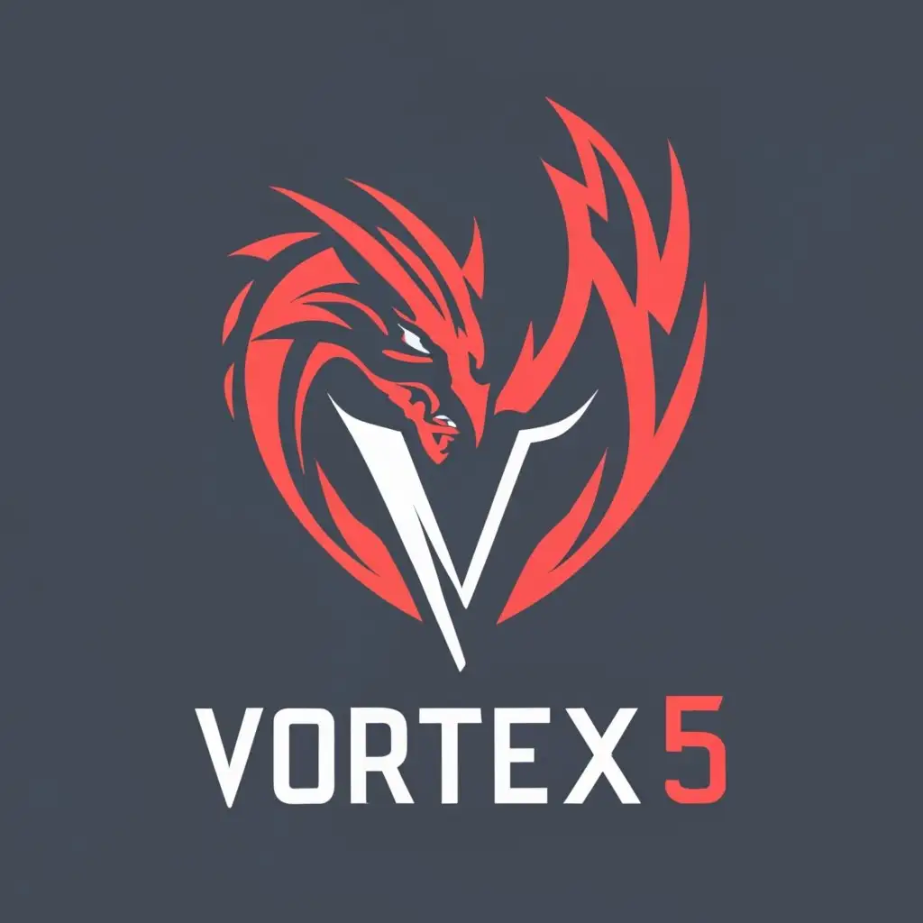 Create an esport logo for a team named Vortex5. Design the logo as a V5 and place the full team name below it. Use blood red and obsidian black color scheme. Write "VORTEX5" beneath the actual logo in a clear, minimalistic font. Add the spelled-out version of "VORTEX5" above the logo's icon., with the text "VORTEX5", typography, be used in Internet industry, add a dragon, Make V5 more visible, make logo more minimalistic and modern, make it look more dominant, league of legends, MAKE VORTEX5 POP OUT OF THE LOGO MORE, make it seem omnipotent, and ferocious, LCK, FAKER, MINIMAL, Mysterious