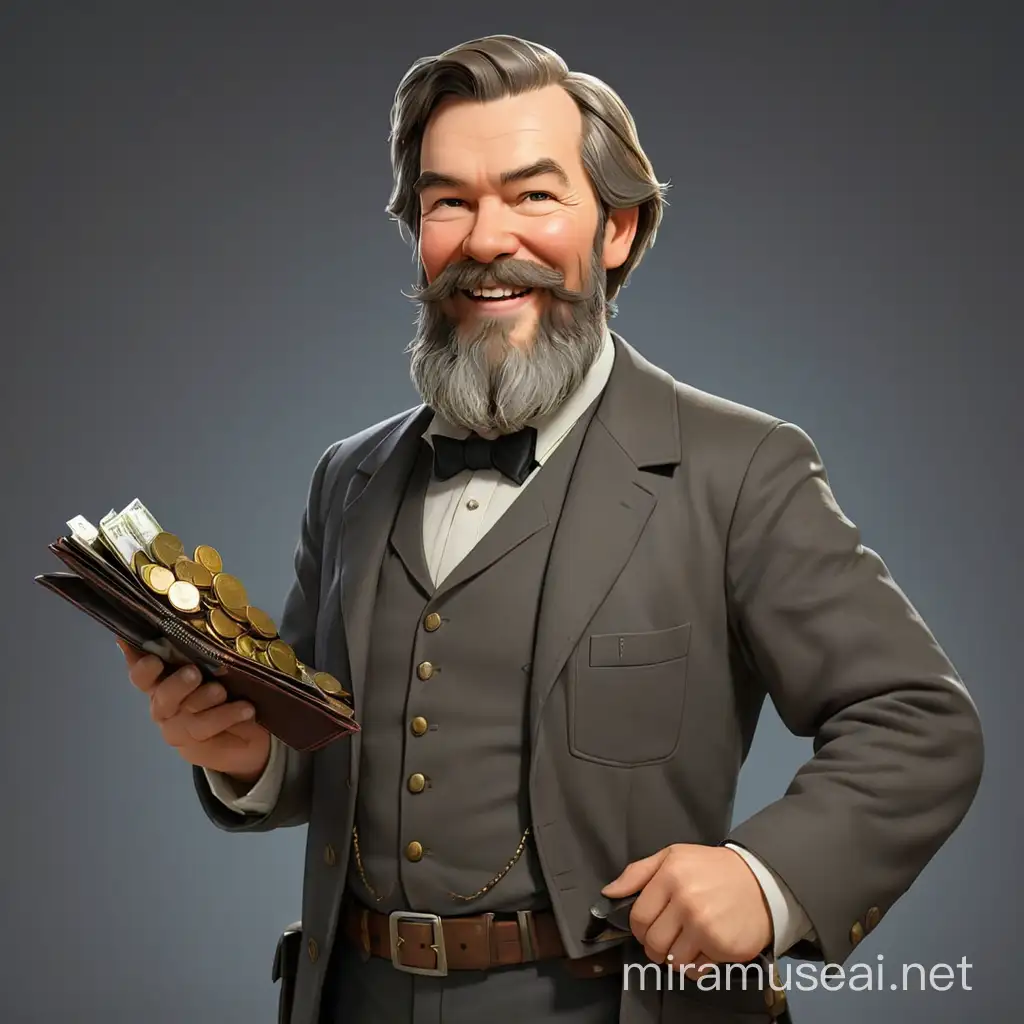 Politician and philosopher Friedrich Engels smiles, holding a wallet full of coins. He has a big beard and a long mustache. We see him in full growth, with arms and legs. In the style of realism, 3D animation