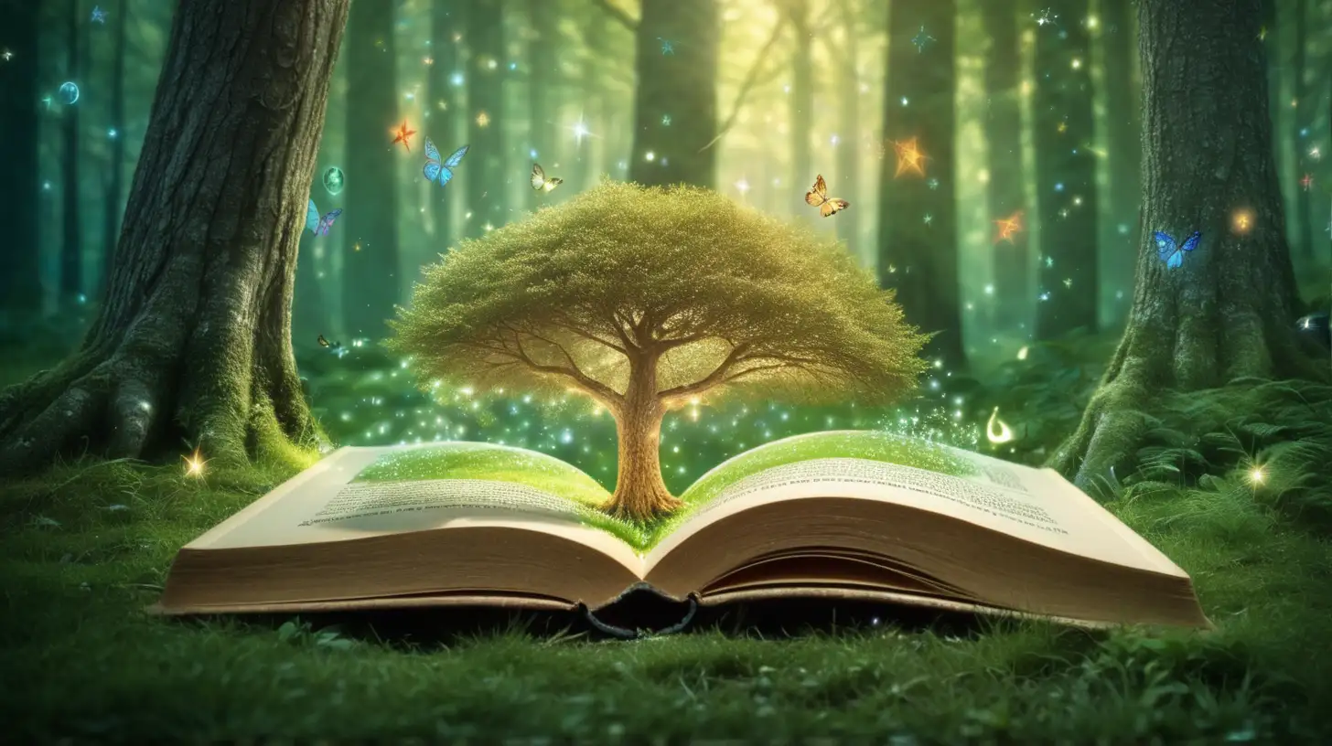 magical forest emerging from a book