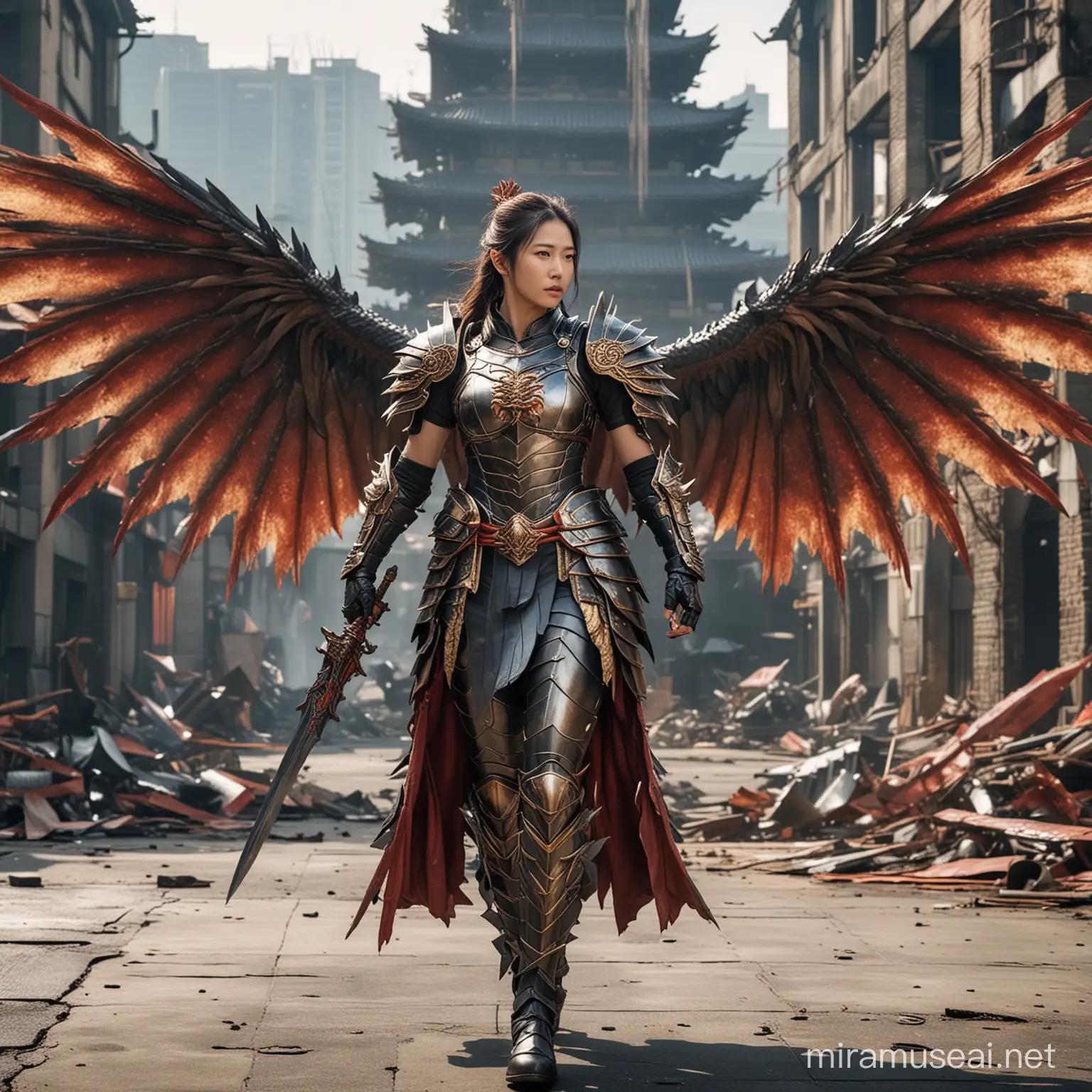 Woman japan wearing armor with wings, and dragon in the back, background building crash