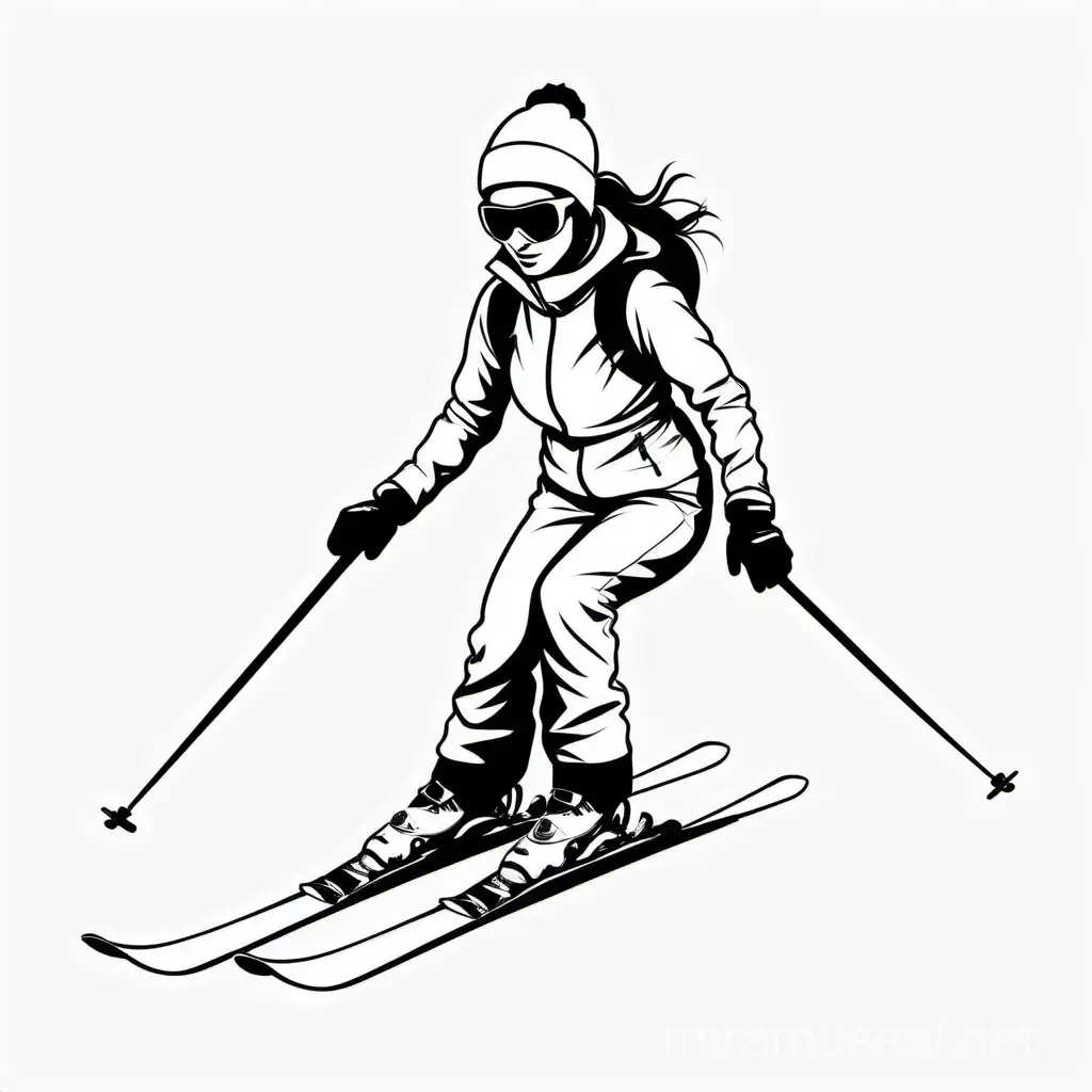 ski women, simple, vector, black and white, white background, clear color, silhouette, clear line, white background