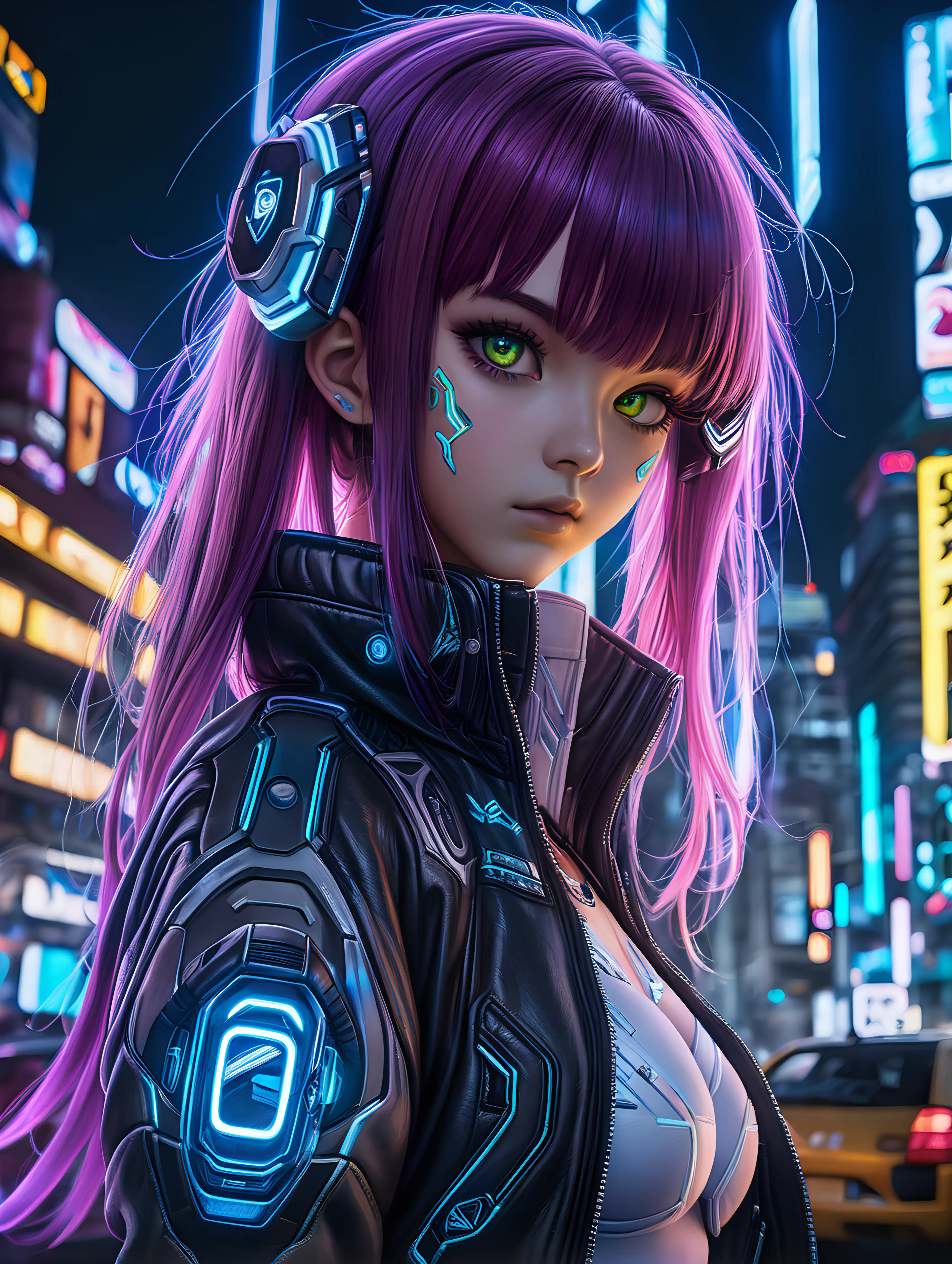 (cinematic lighting), In a cyberpunk metropolis, an anime girl embraces the neon-lit chaos with futuristic attire sleek, tech infused clothing that mirrors the urban landscape. Perfect breast, Glowing augmentations and vibrant hair add a cybernetic touch, while her determined gaze hints at a fusion of resilience and adaptability in this high-tech, black background, intricate details, detailed face, detailed eyes, hyper realistic photography,--v 5,