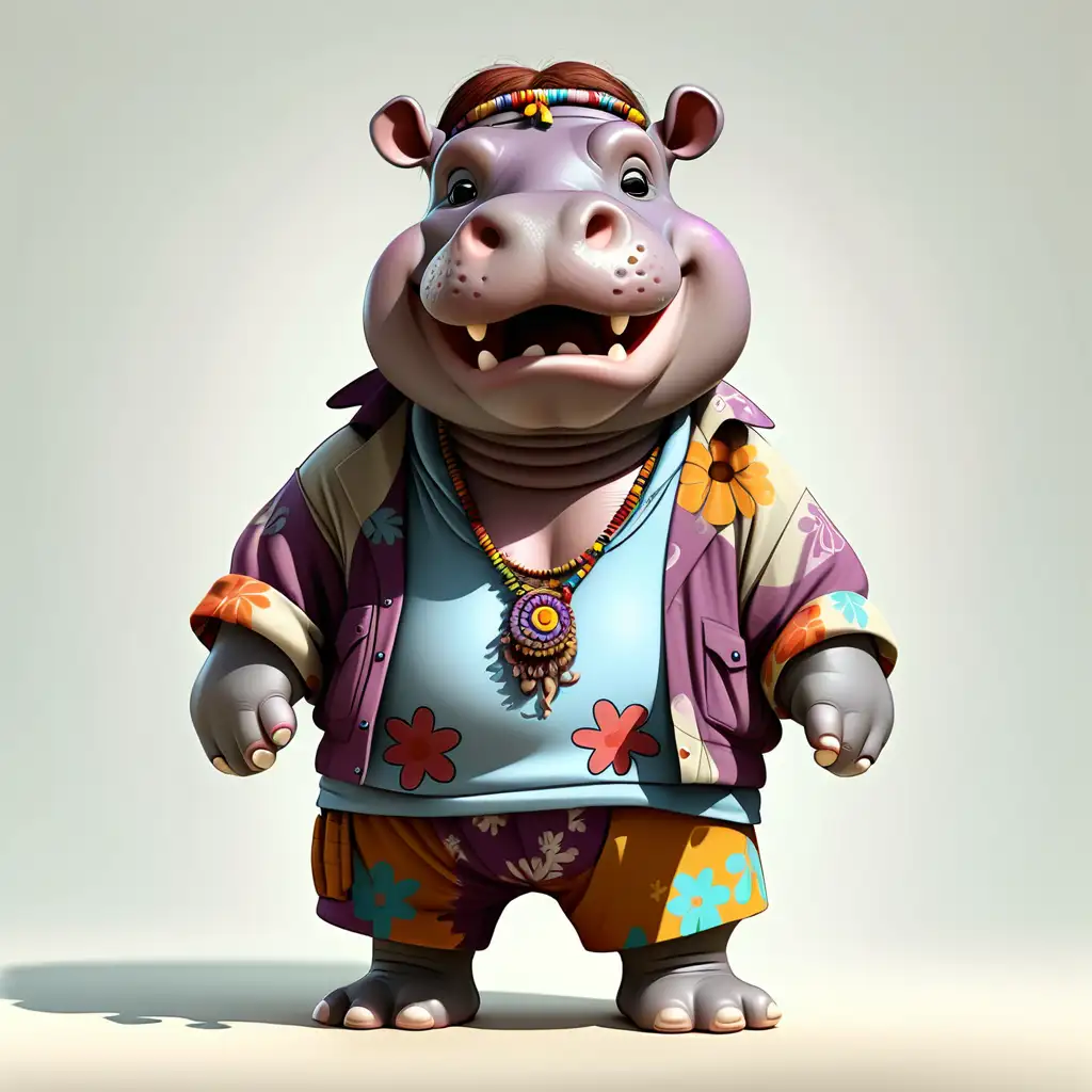 a cute hippo in full body cartoon style with Hippie clothes with clear background