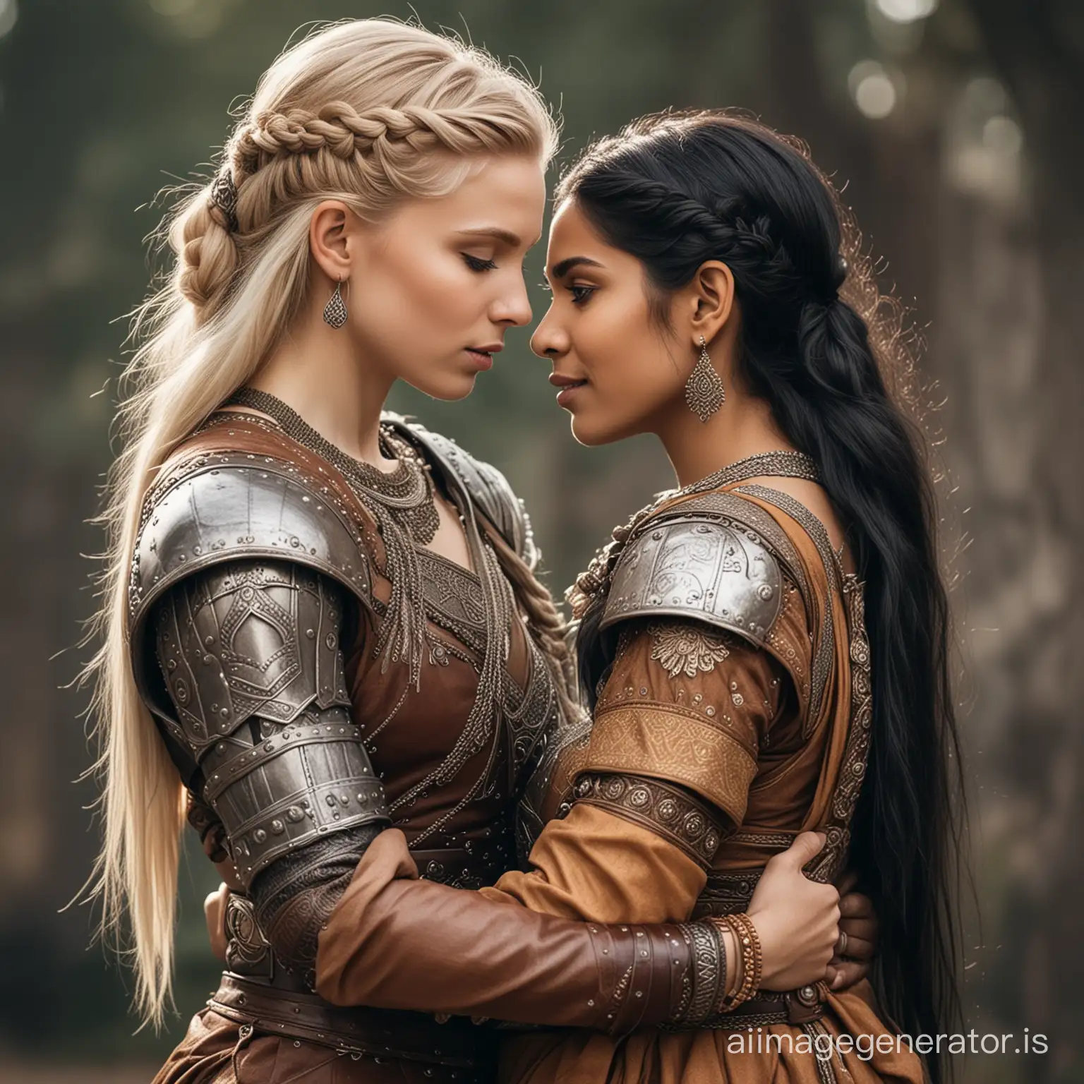two princesses a fit beautiful long black hair Indian princess dressed in a beautiful sari hugs her lover, a Nordic Viking female warrior, pale white skin with brown pixie cut hair dressed in leather armor no men in picture