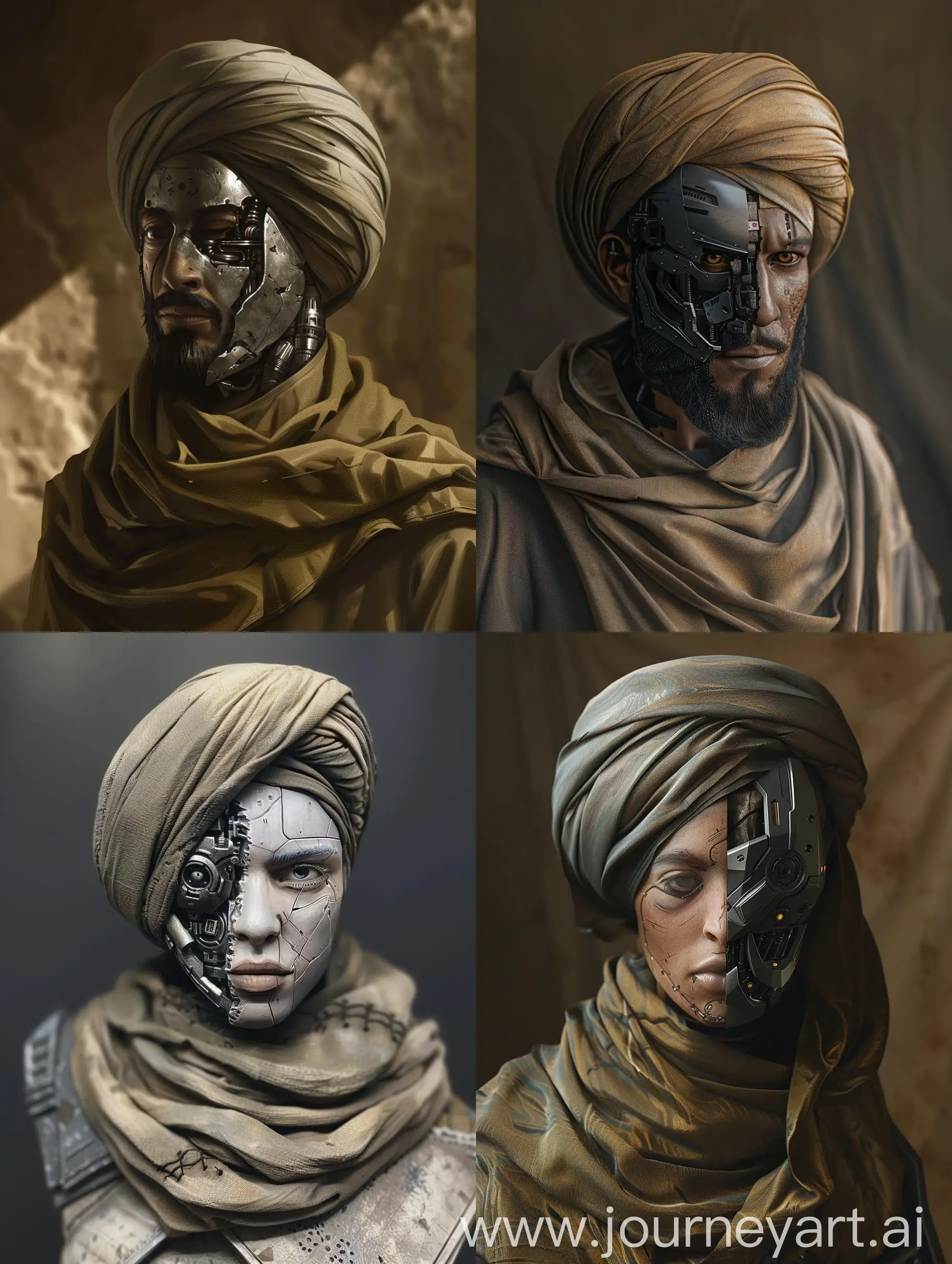 make a Muslim soldier with a half robot face wearing a turban 
