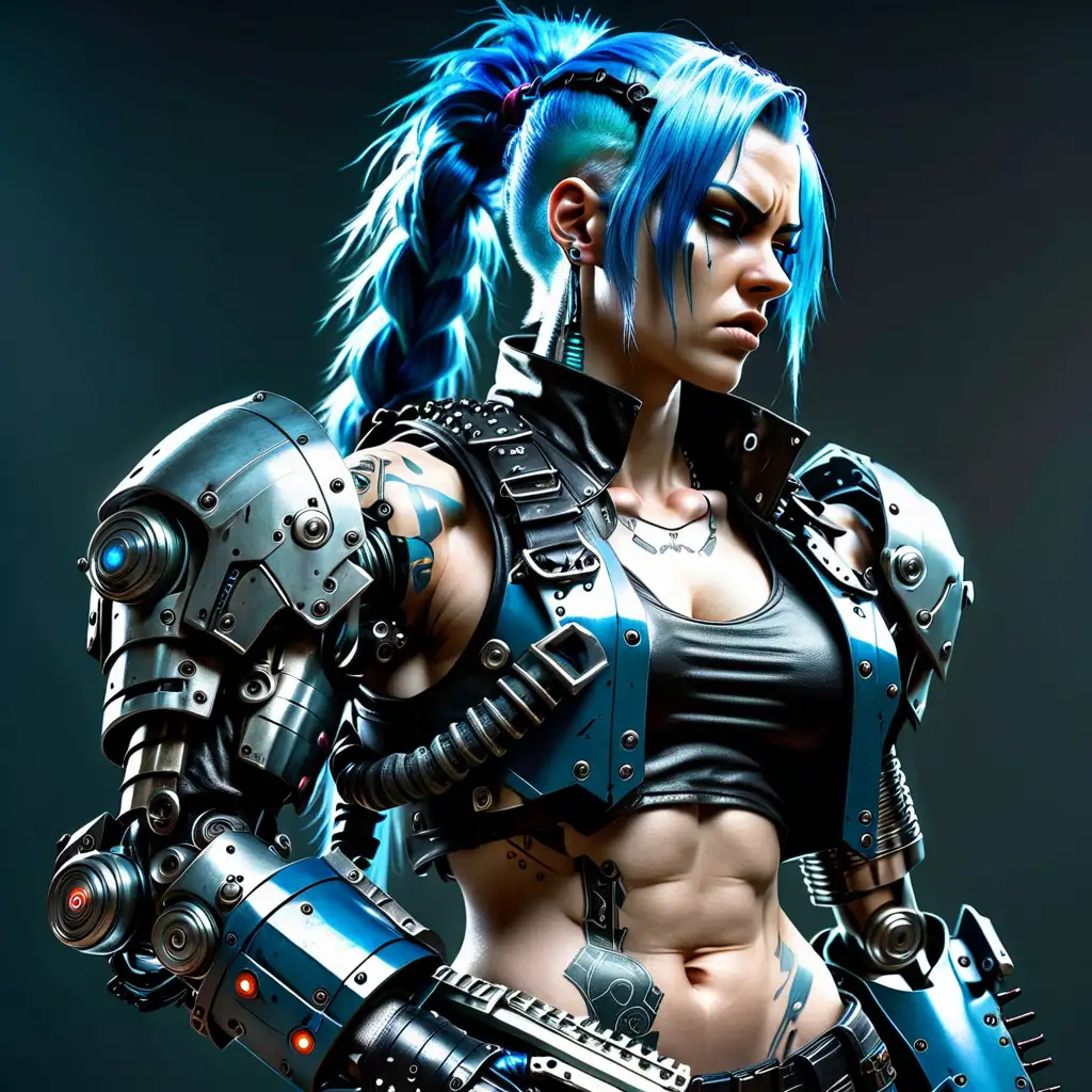 An androgynous, manly very muscular, chubby angry cyberpunk mercenary with one large robotic arm, the body is masculine but the face is feminine, their body is thick, they have blue hair and a long braid, their body is masculine, they are wearing black body armor, he is wearing leather bandolier, his stomach is covered by metal armor