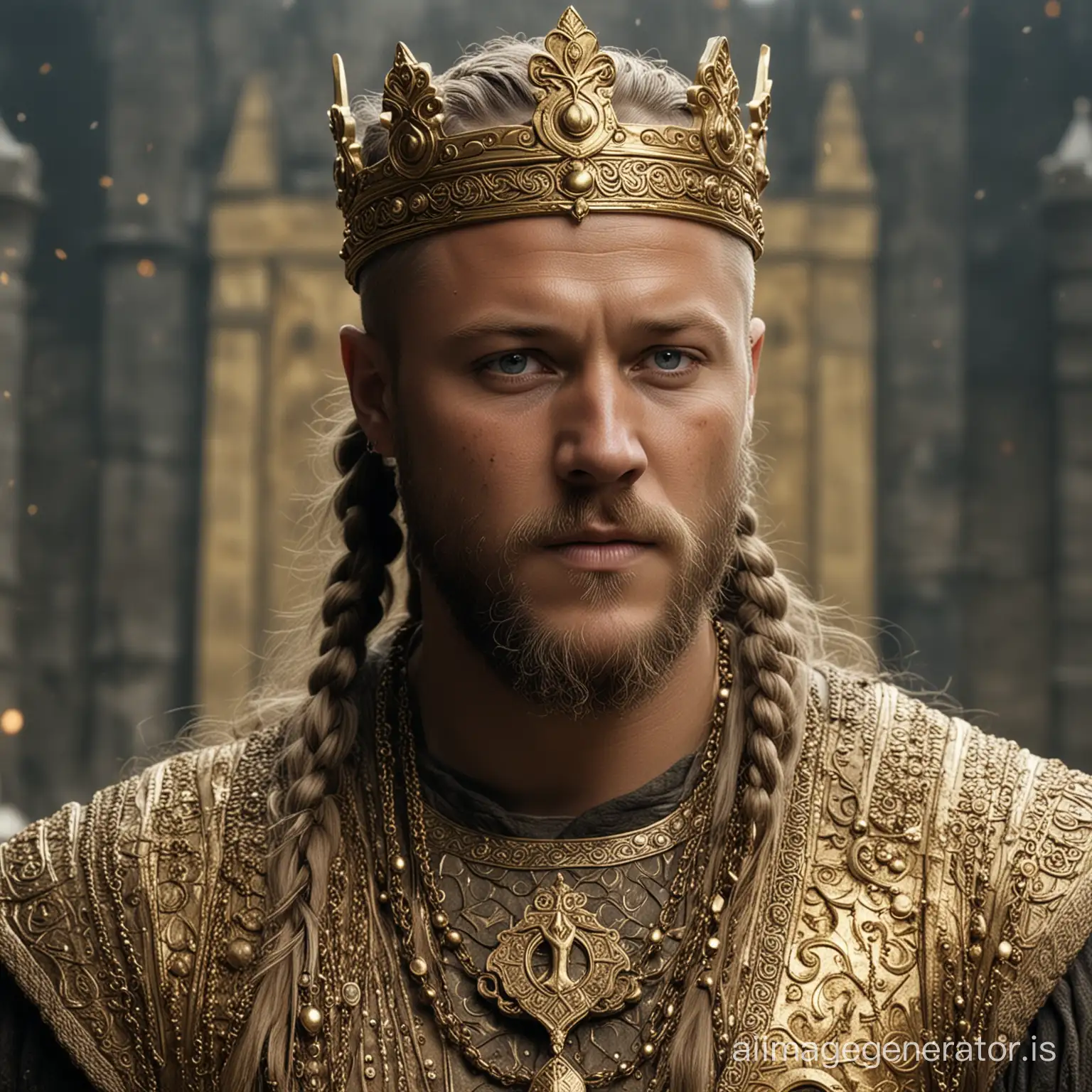 Generate a image of Ragnar Lothbrok in a castle surrounded by gold and wealth