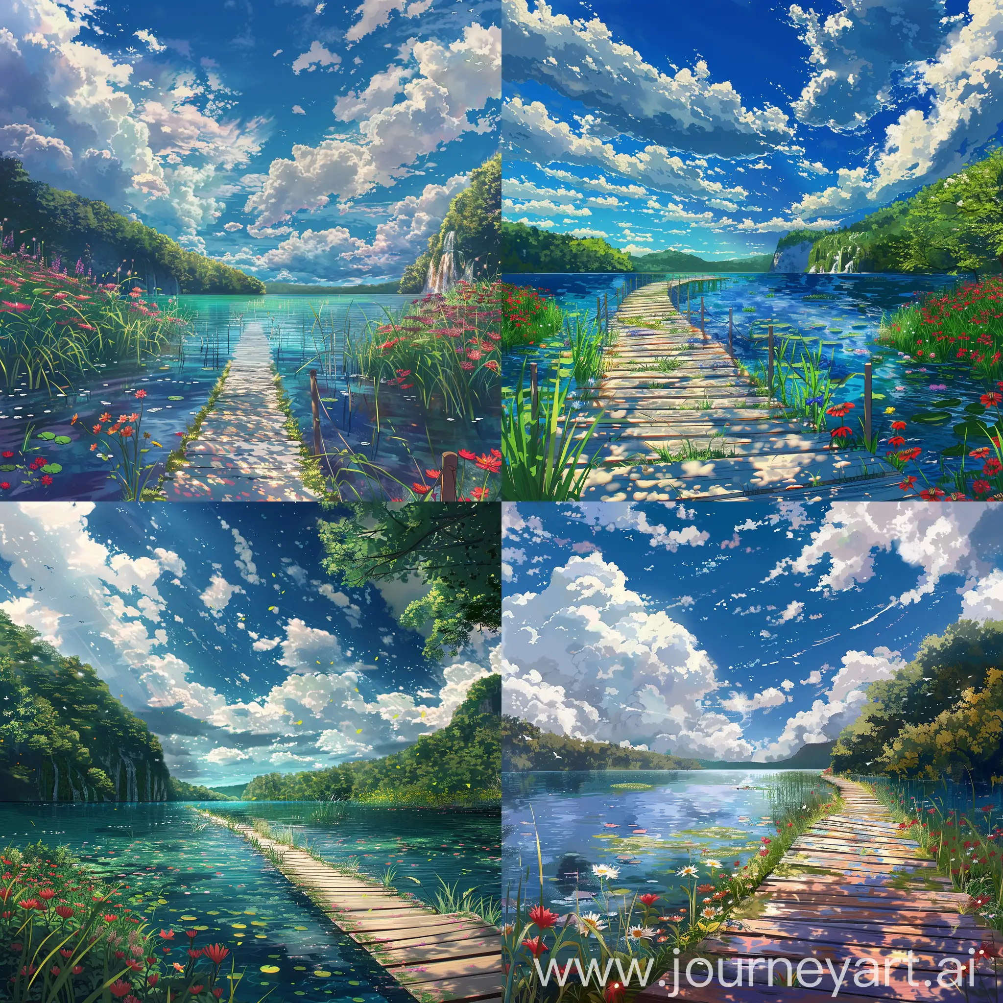 anime, Makoto Shinkai style, lost in the wonders of nature, where air and water have a seamless flow, clouds are fluffy, sky is beautiful, vibrant flowers, a little bit of grass, inspired from one of the most beautiful walkways in the world. Plitvice Lakes National Park, Croatia, everything is highly detailed, water is beautiful, nature's wonder
