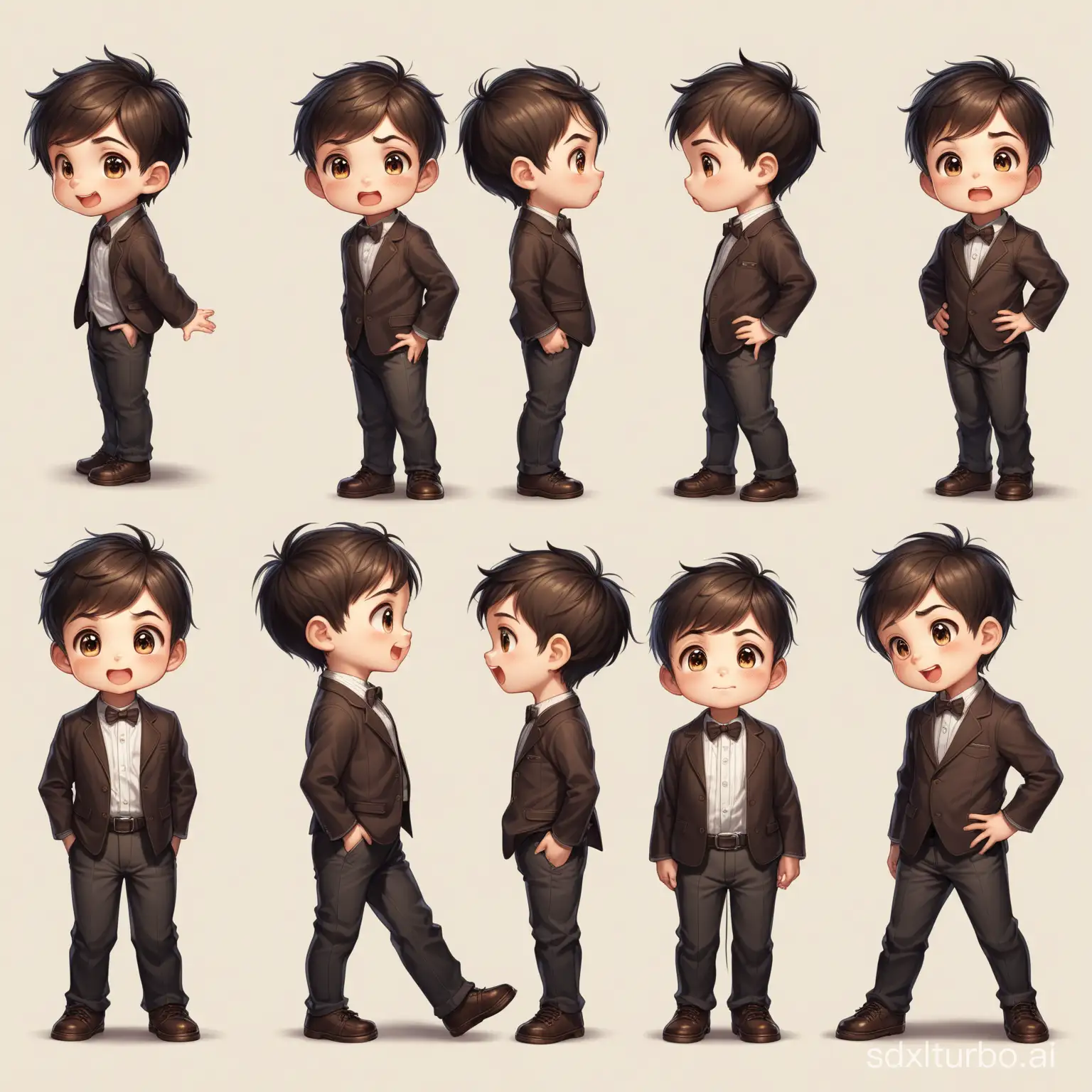 character sheet, a boy, 6 year old, different emotions, different angles, different poses, ultra quality, realistic