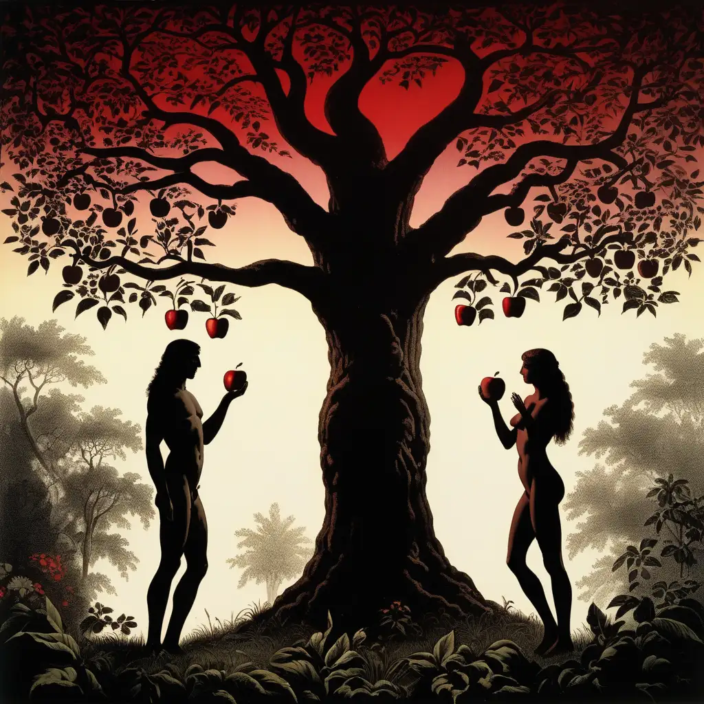 Forbidden Temptation Eve Offers the Apple to Adam in the Garden of Eden