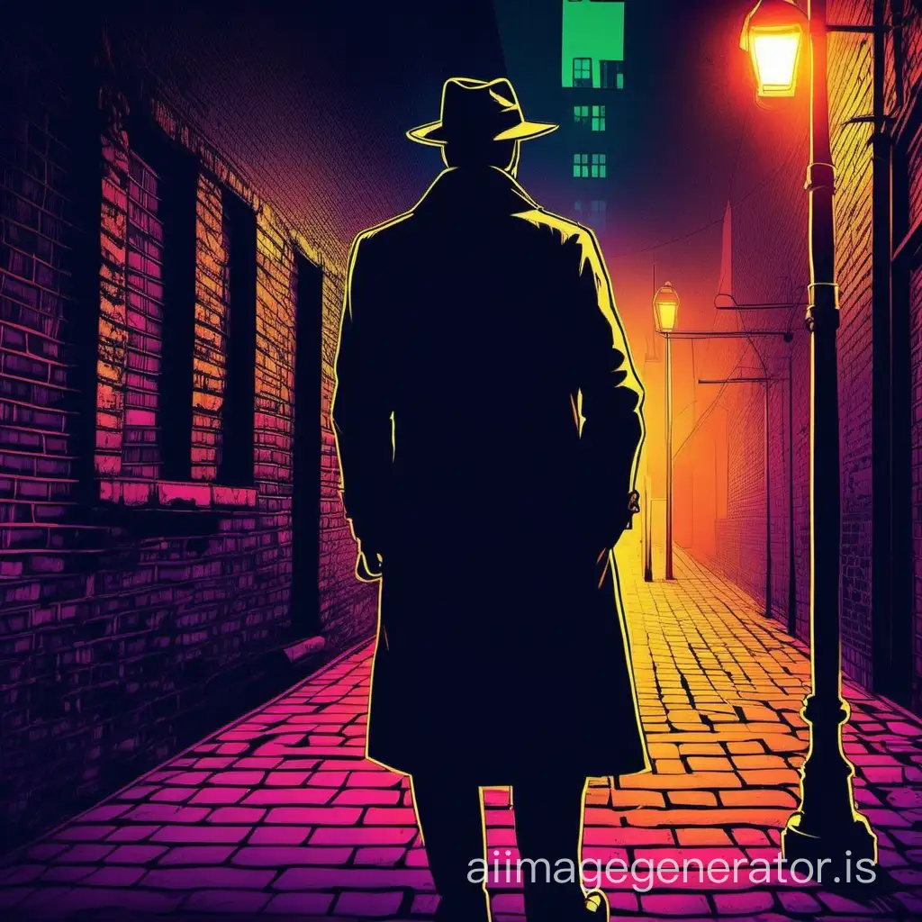 noir detective hat coat waling the city street bricks dark neon