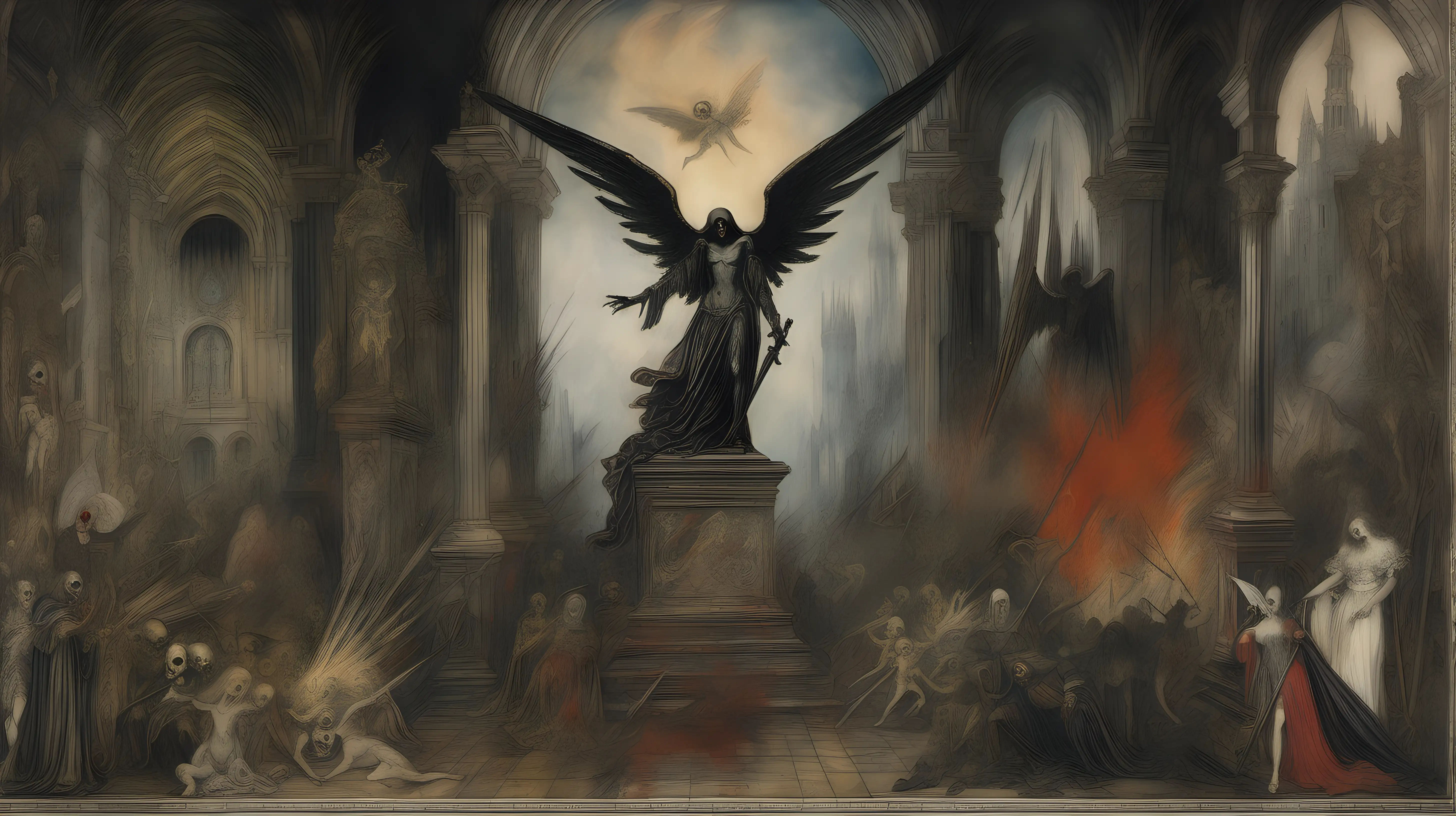 an image of an medievil angel of death condemning a non believer to hell in a castle, in the art style of gustave moreau, dark fantasy inspired, the painting is highly detailed with intricate designs in the background, highly detailed faces, violent imagery, and is faded and done with water colours, the images are dreamlike and etheral