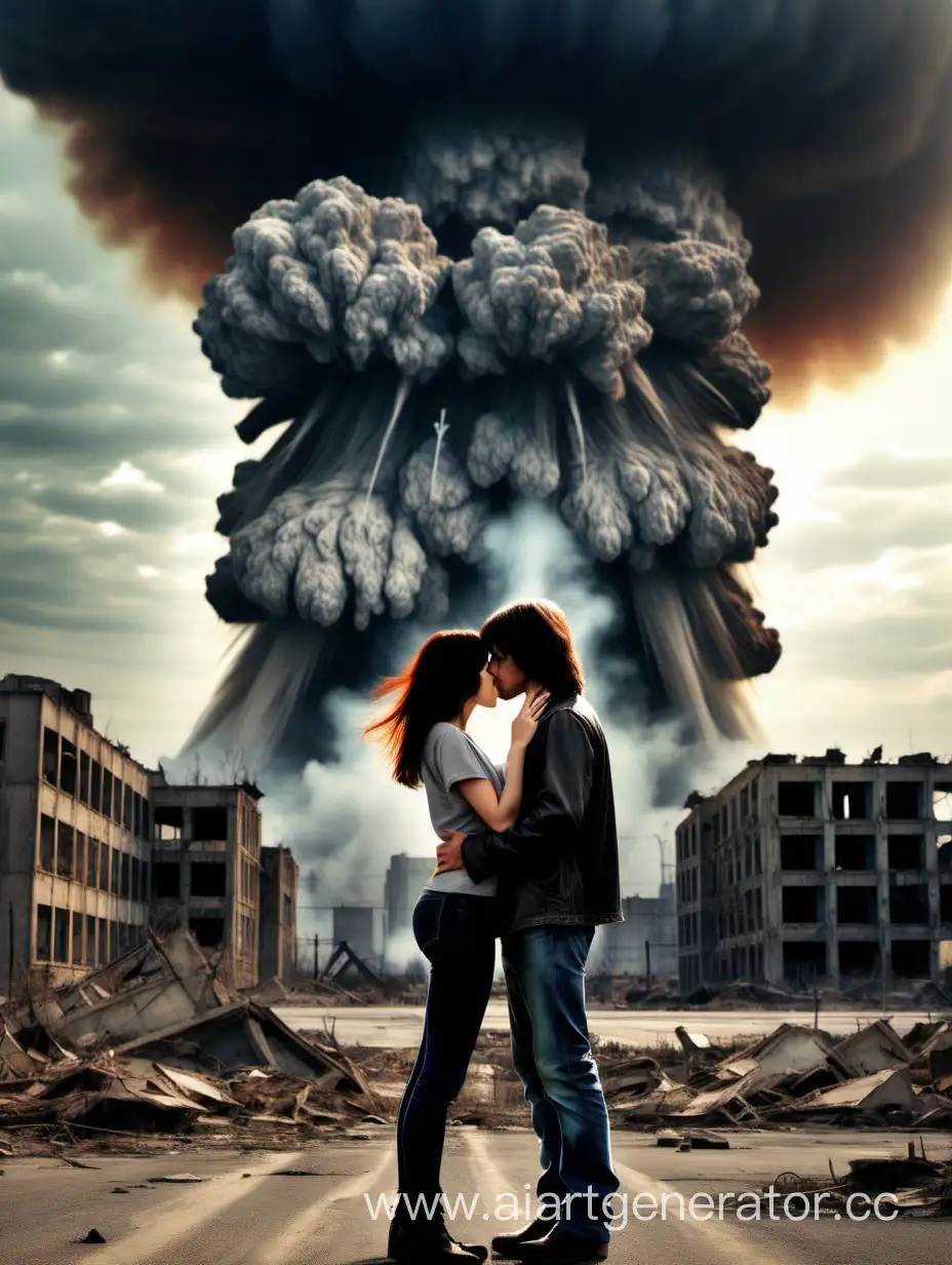 Поцелуй длинноволосой девушки и короткостриженного парня, на фоне ядерного взрыва, постапокалипсис, руины