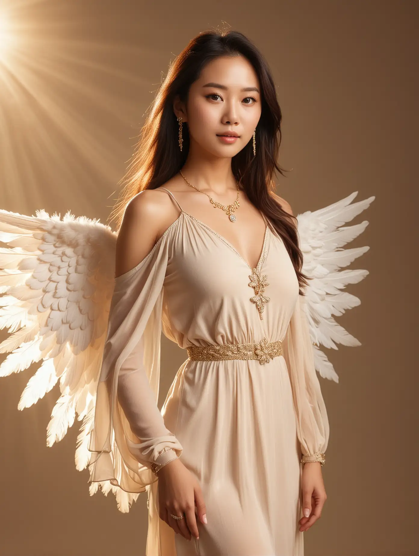 In the photo，an angelic woman with long hair, asian facewearing a beige dress and white wings, istanding in front of the golden light. She looks at the camera. She looks confident. She wears jewelry around her neck. , her eyes have light makeup, her face exudes confidence and charm, her skin is radiant from the inside out, and her whole body is，gorgeous clothes，Floating in the air