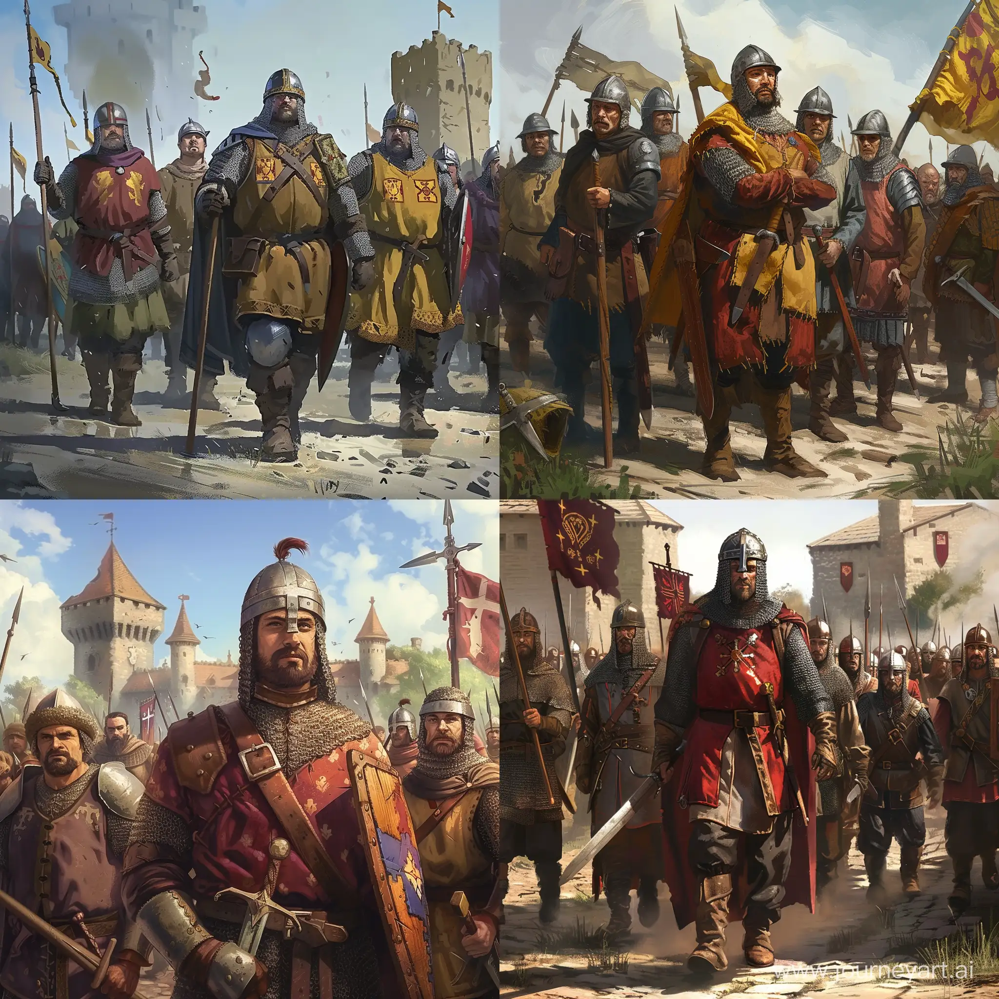 Draw art with a medieval peasant militia in the style of the game Crusader kings 3