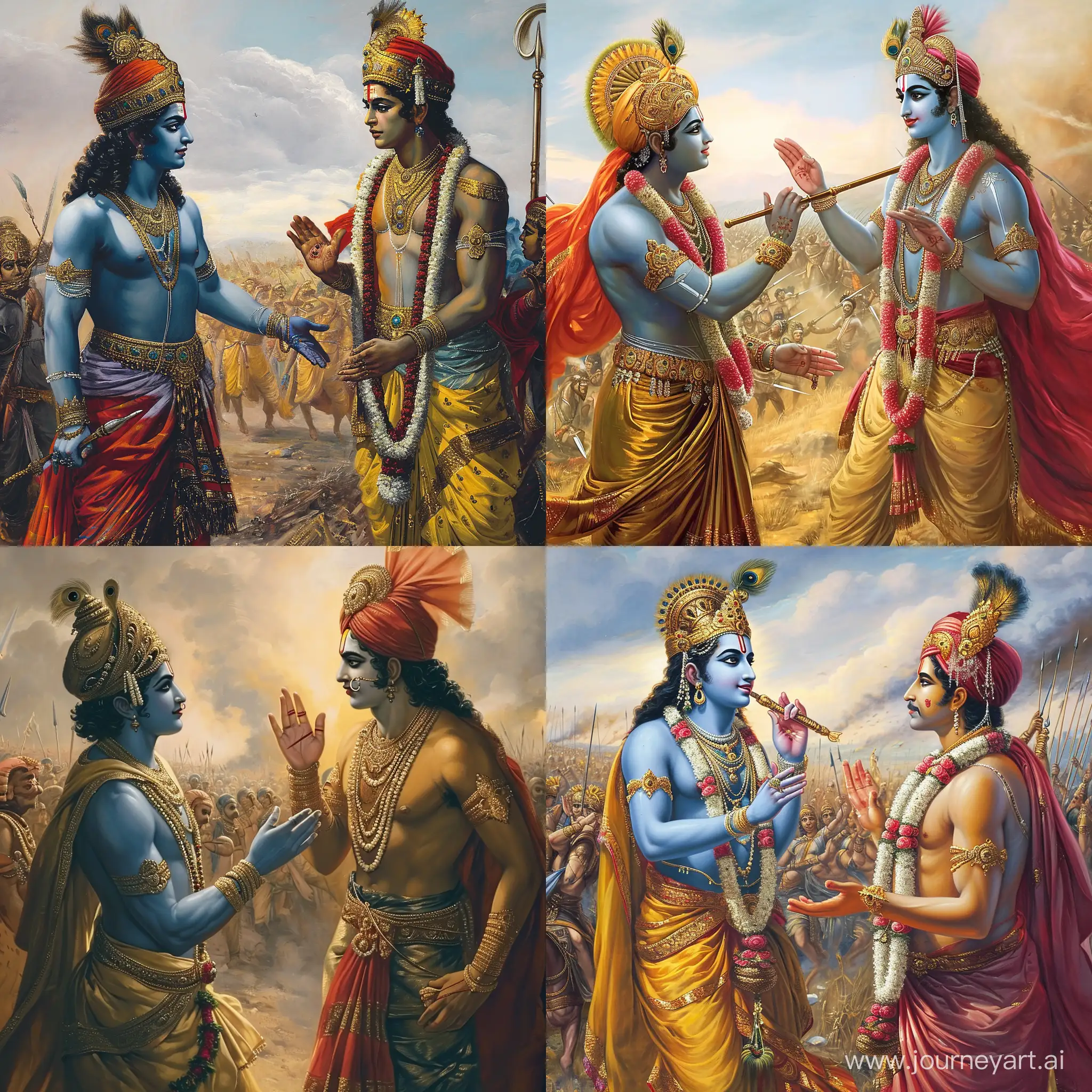 Anime style image of krishna in his pure form talking to arjuna in battlefield