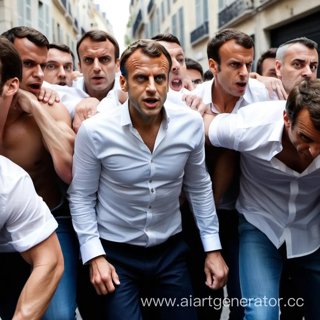 Emotional-Encounter-Macron-Restrained-by-Group-Amidst-Torn-Shirt-Drama