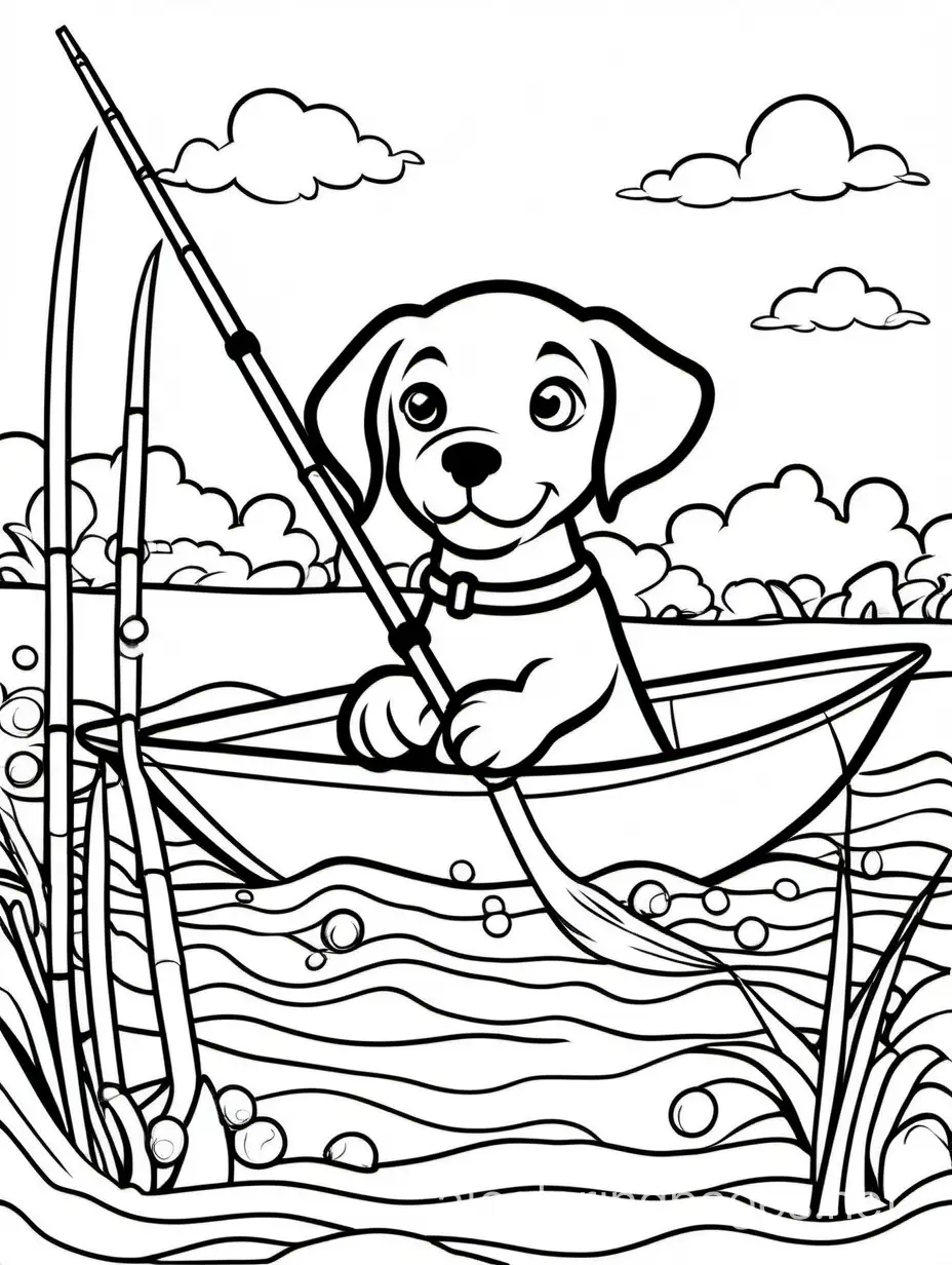 puppy fishing
, white background , Coloring Page, black and white, line art, white background, Simplicity, Ample White Space. The background of the coloring page is plain white to make it easy for young children to color within the lines. The outlines of all the subjects are easy to distinguish, making it simple for kids to color without too much difficulty