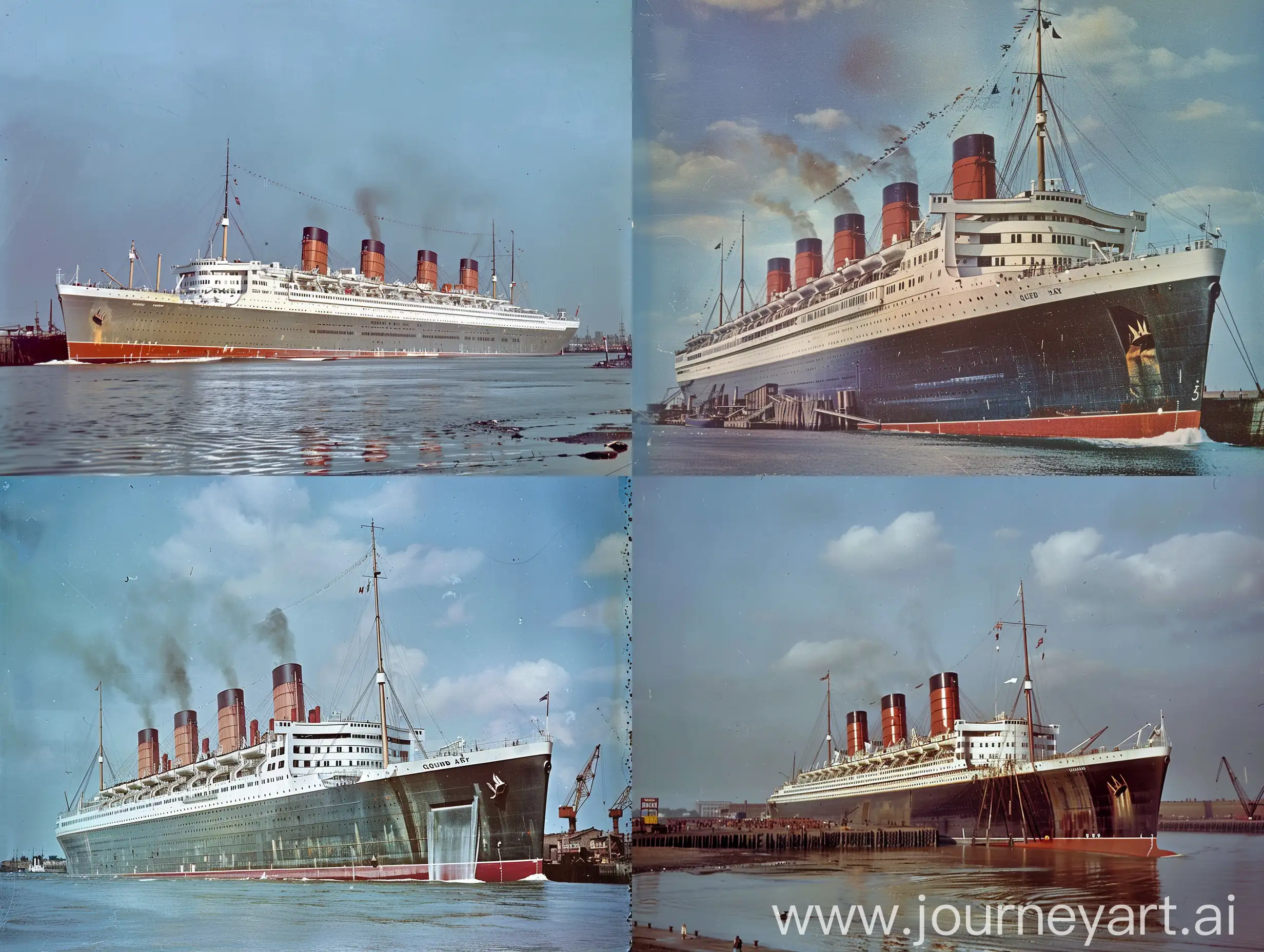 The British liner RMS Queen Mary, leaving a ship port, clan day time sky, color photograph, side view, profile pic of the ship, the ship only has three funnels, well deck on the bow, mast sitting on the forecastle, modern Hollywood Movie scene