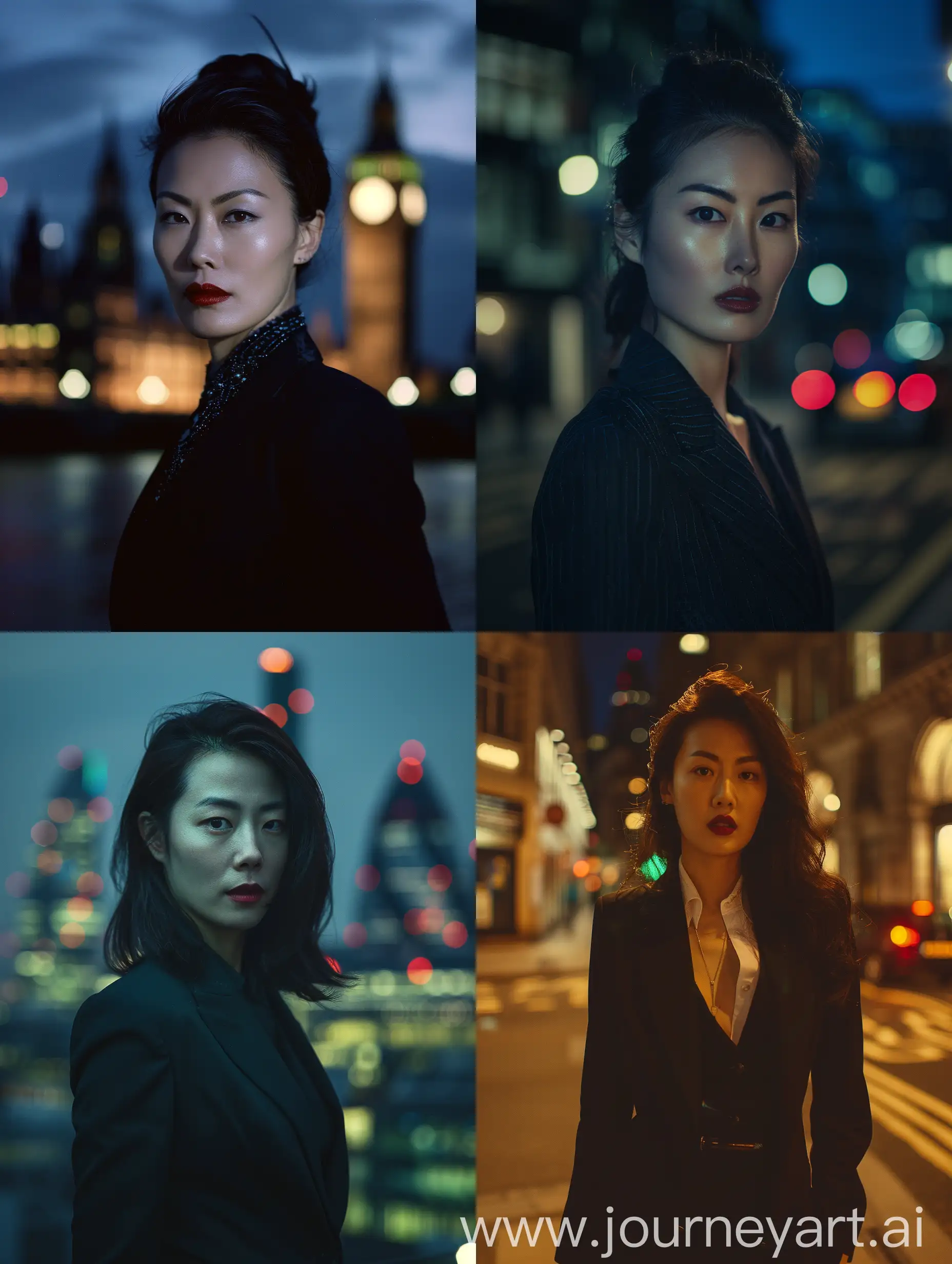 Cinematic, documentary photo, vampire woman and night london background,korean british mixed, intense confidence and determination, intimidating. She has elegant financial attire. directed by Ridley Scott, shot with Arriflex 35BL Camera. Canon K35 Prime Lenses, 70 mm -- style raw