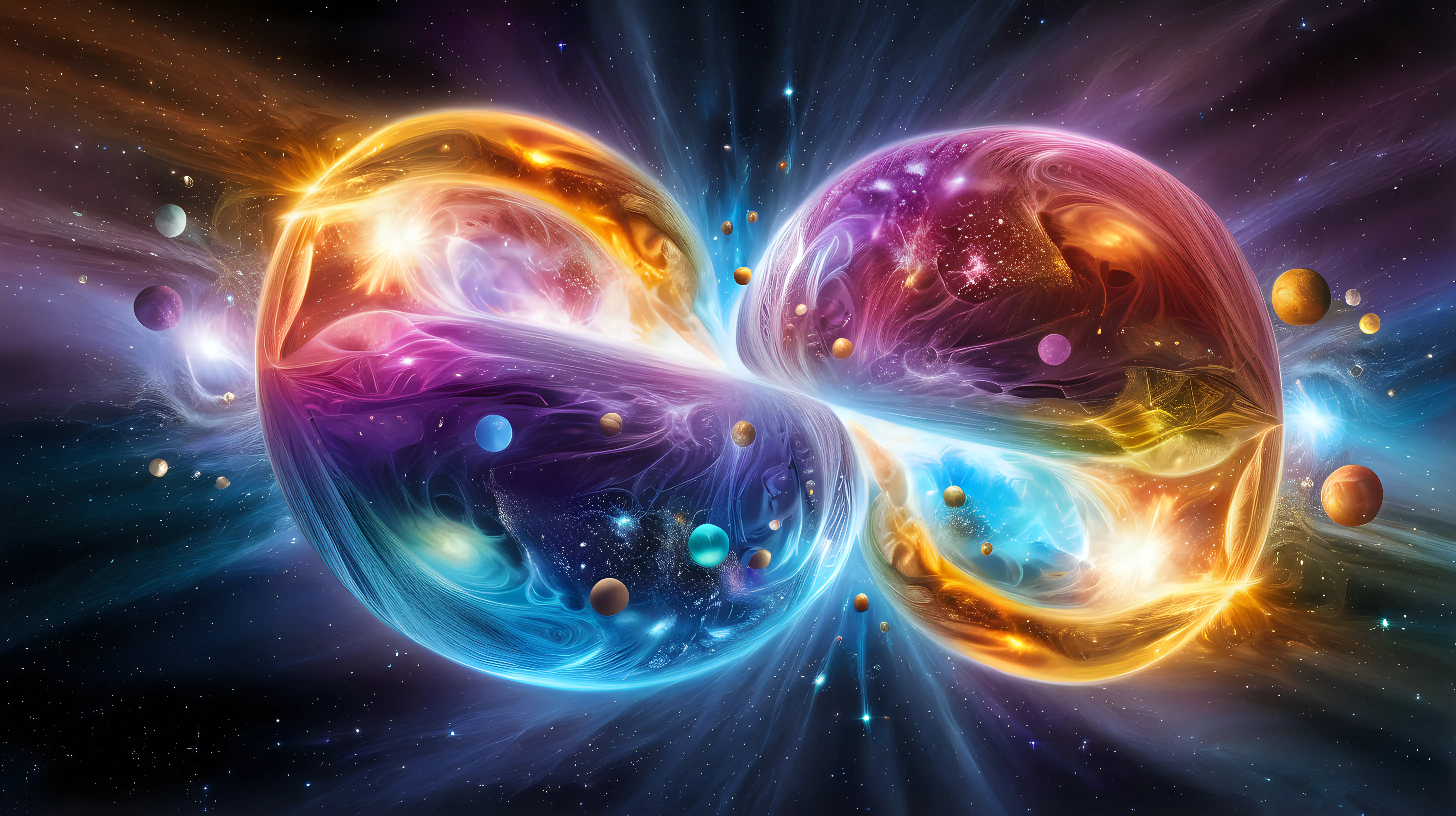 Cosmic Collision: Create an image that suggests a cosmic collision or convergence of luminous spheres, symbolizing a celestial event with vibrant colors and energy.