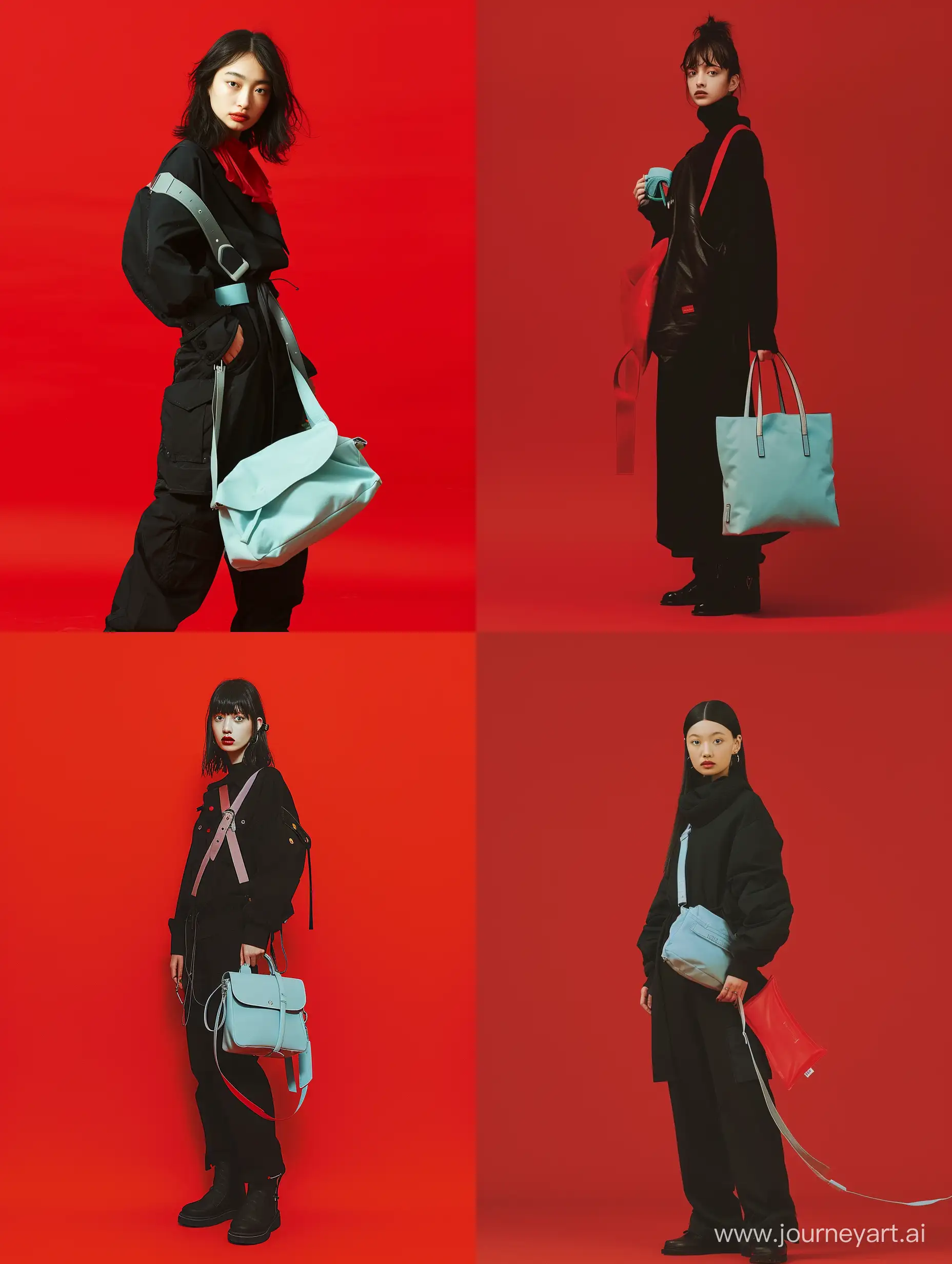 a fashion photo of a girl wearing a black outfit and holding a light blue bag, the background is red, creating a contrast with the clothes and accessories, the image may be from a magazine or a website related to fashion or style