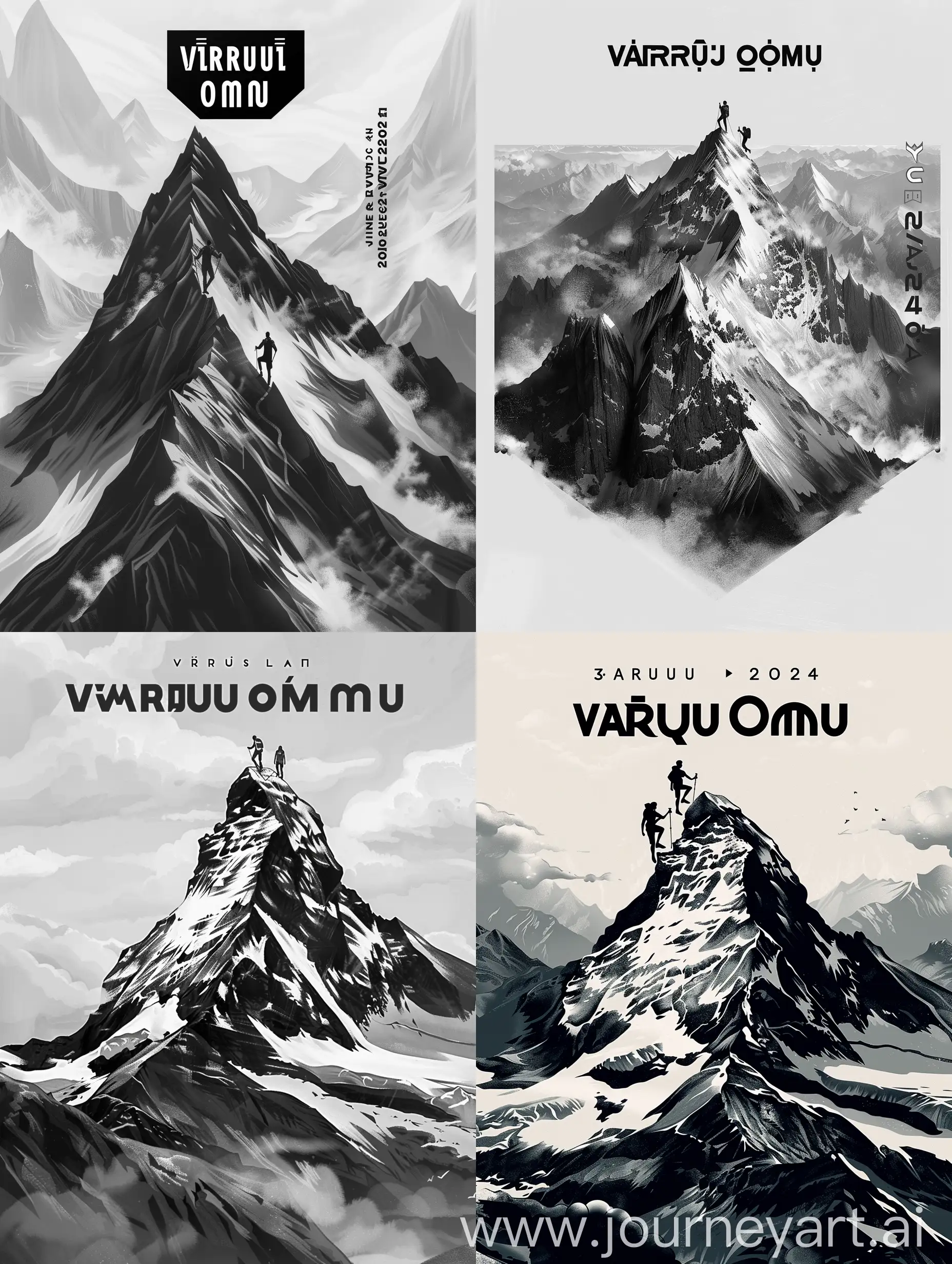 A black and white digital painting showcases a peak in the mountains, with two ascending hikers, a man and a woman, symbolizing adventure. Bold text reading "Vârful Omu " is positioned above the illustration, while the date "03.04.2024" is  placed on the right side below, creating compact design that evokes the spirit of exploration and discovery.