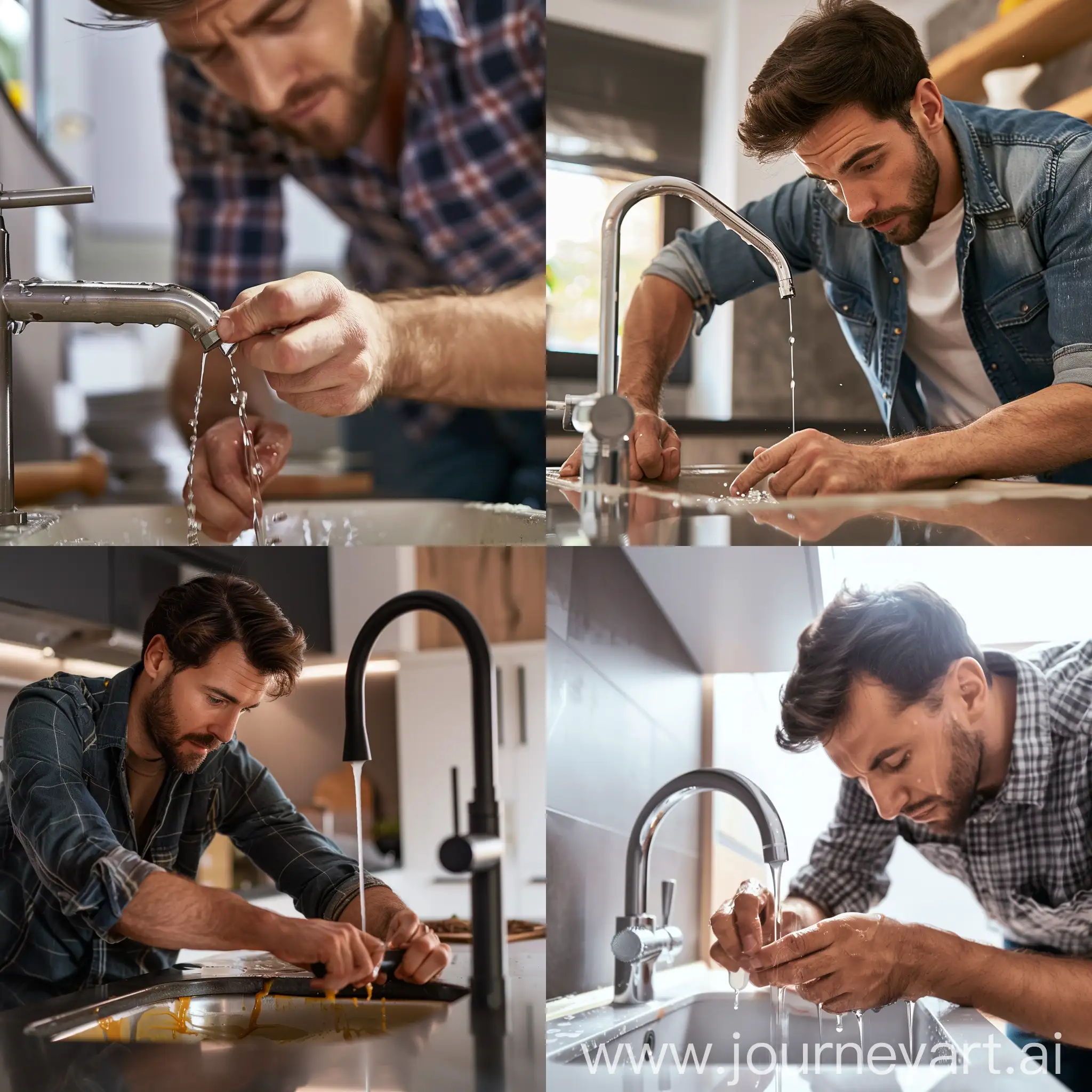 A man is struggling with a leaking sink