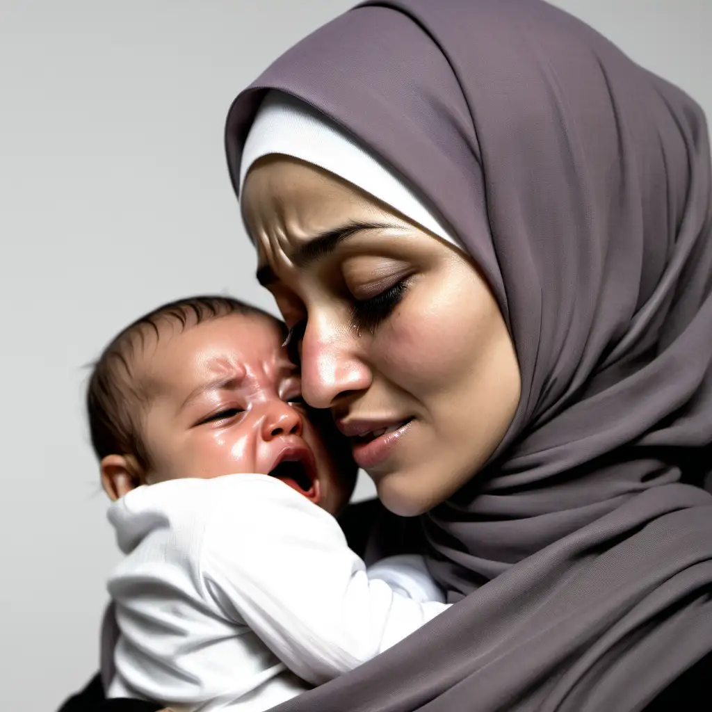 Woman with hijab on crying holding baby side profile 