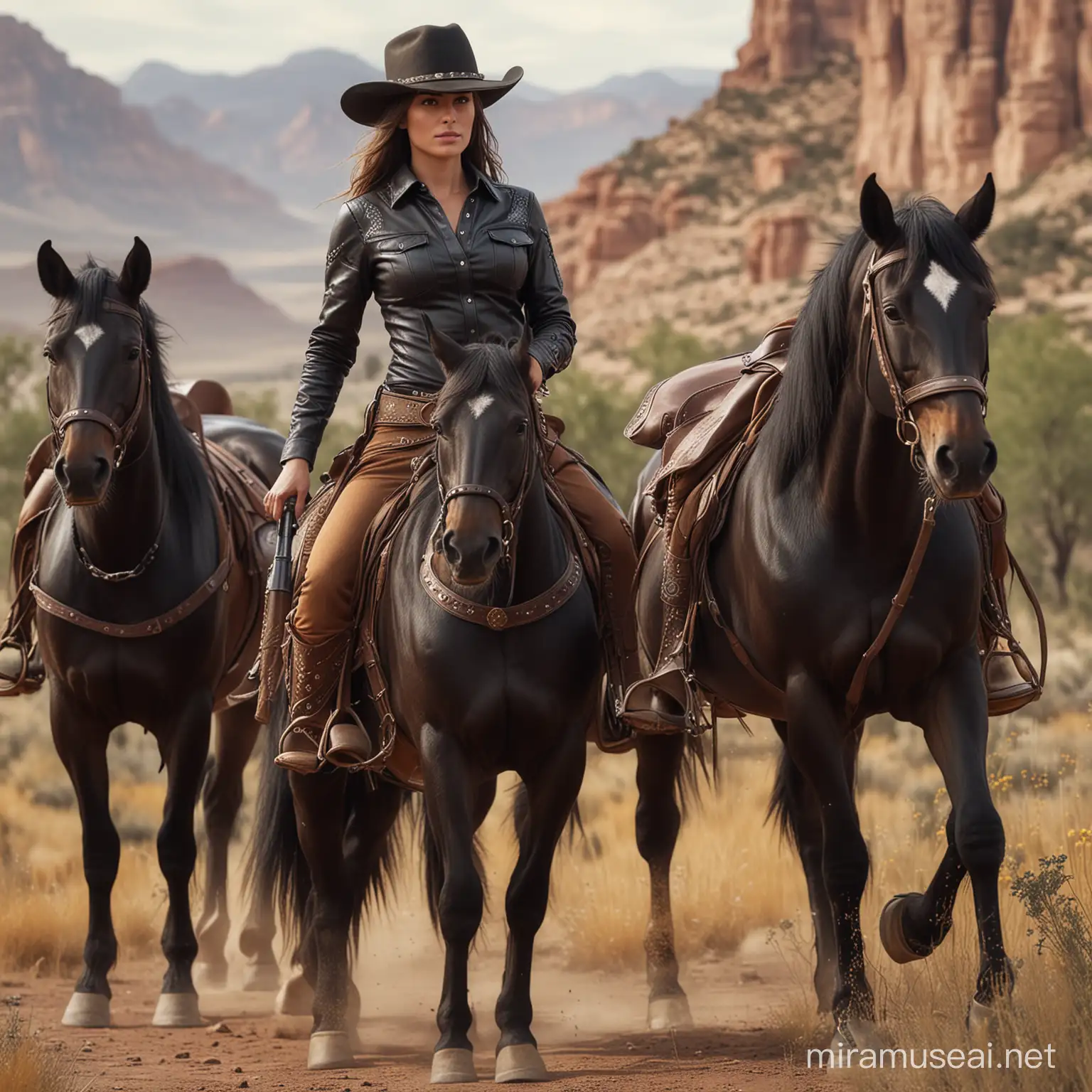 A beautiful  cowgirl with dark leather outfit leading one black horse, in a cowboy art style, a full body portrait, with detailed face features, wearing a leather belt with gun holsters, and a wide brimmed hat on her head, set against a wild kingdom background with warm tones, and highly detailed. uhd image, natural beauty realistic shot.hyper hd detailed.4k. --s 1000 --v 6.0
