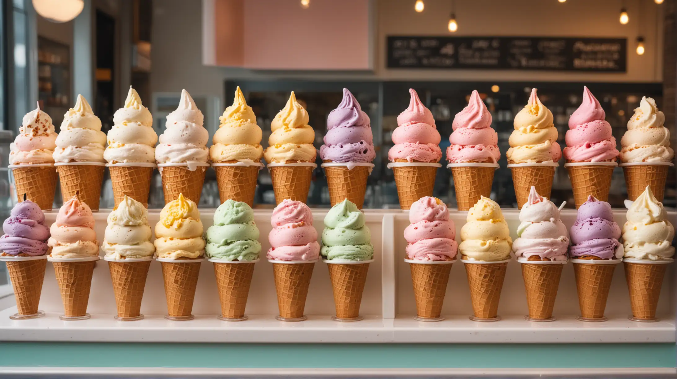 Showcase of an ice cream parlor with lots of different ice cream flavors in different colors.