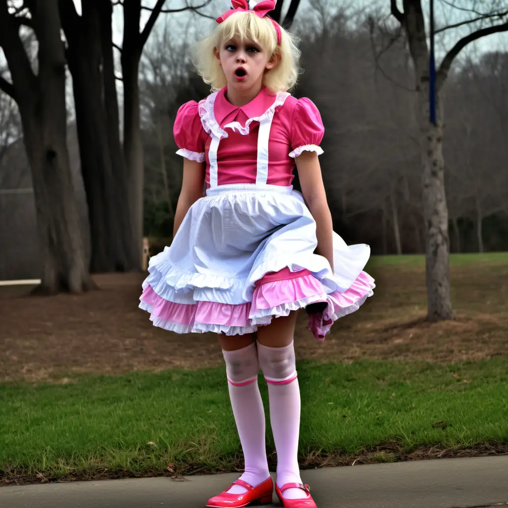 high resolution image of underdeveloped skinny wimpy, sissified 15 year old diapered sissy boy going through his sissified training, his being a prissy sissy, wetting his diapers,  in his prissy sissy dress, mary janes and frilly socks, humiliated  outside at park, badly needing a diaper change, 