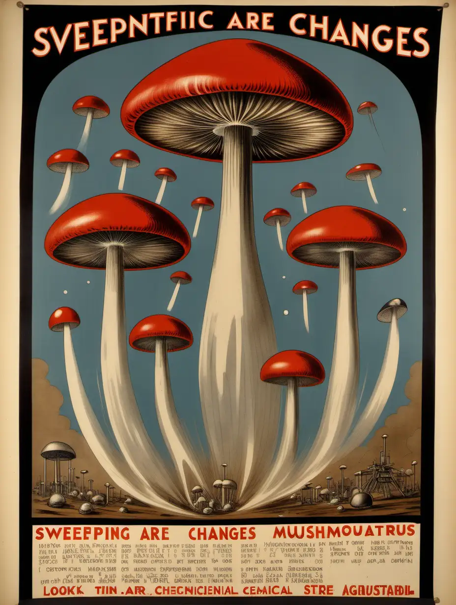 ancient hand painted protest poster, several atomic mushroom bombs made from chemical scientific apparatus, 1920 look, with the text "SWEEPING CHANGES ARE NEEDED" written over image