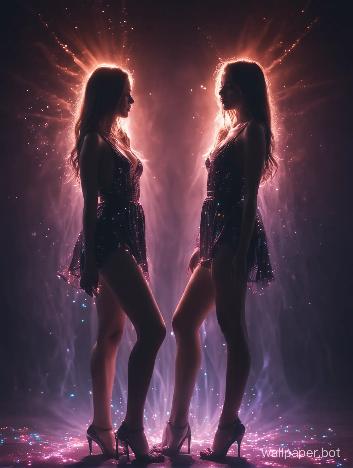 two girls, mystical semi-darkness, bright contrast of colors, magic lights in the air  ass. sexy