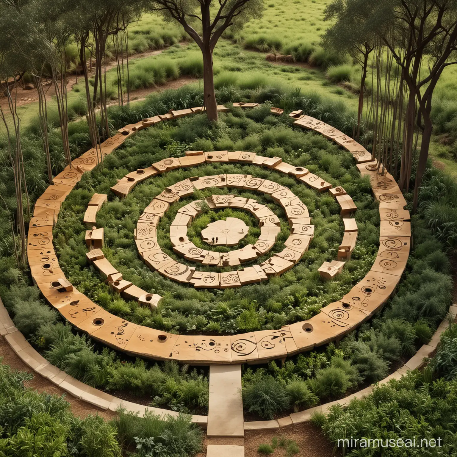 storytelling in exterior landscape architecture using symbols and colors of southern africa culture represent the culture and the stories sequence moving from space to space and seating in circular sunken seatings with forest surrounding
