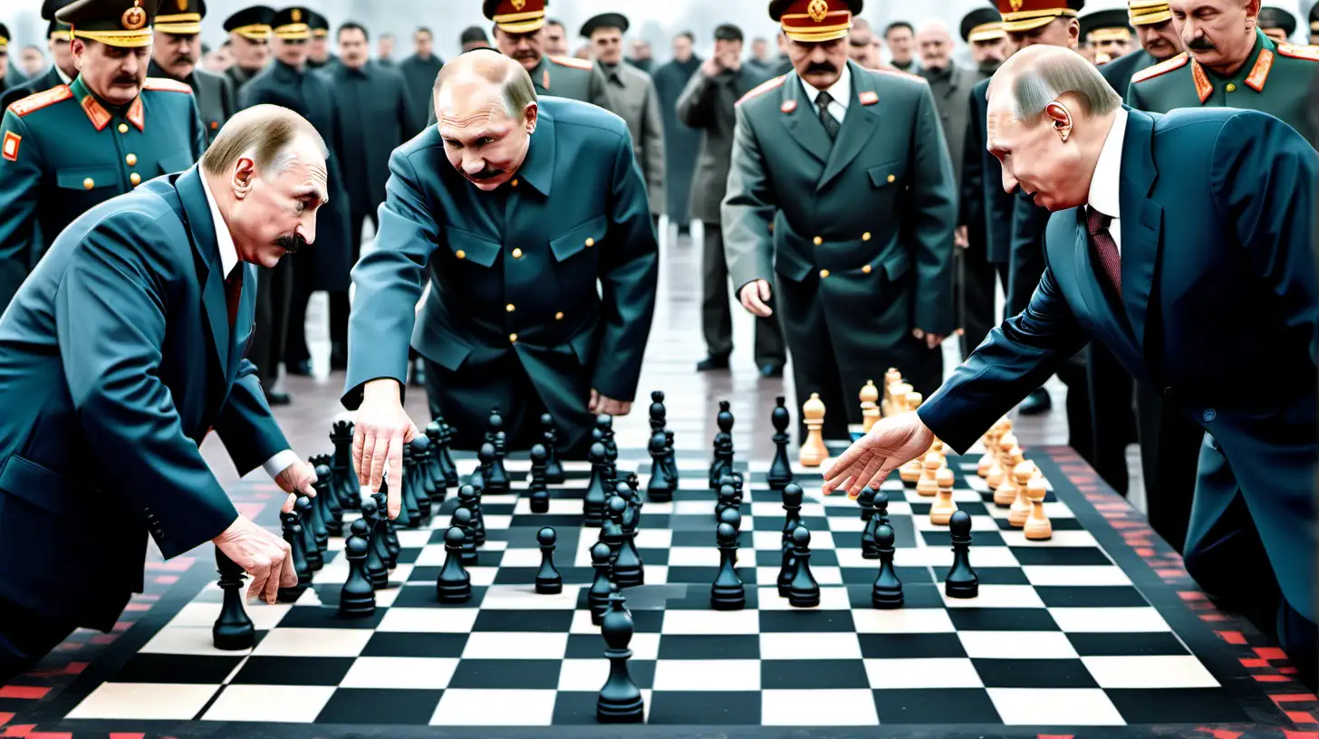Staline and Putin playing with humans on a giant chess board that looks like a battlefield 
