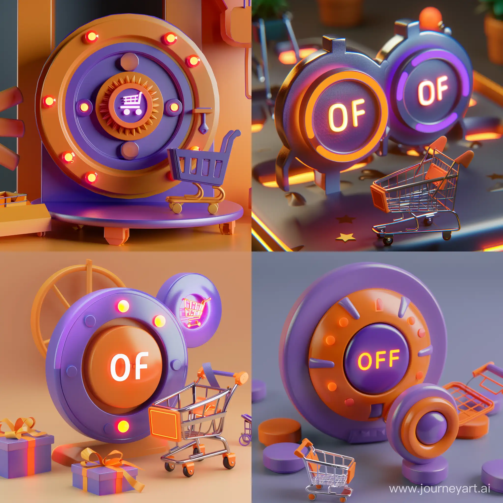 3D rendering that in the center of the image is the on and off button, one of which is orange and the other button is purple, which has lighting and has an orange and purple color theme, and there is a small shopping cart around it.