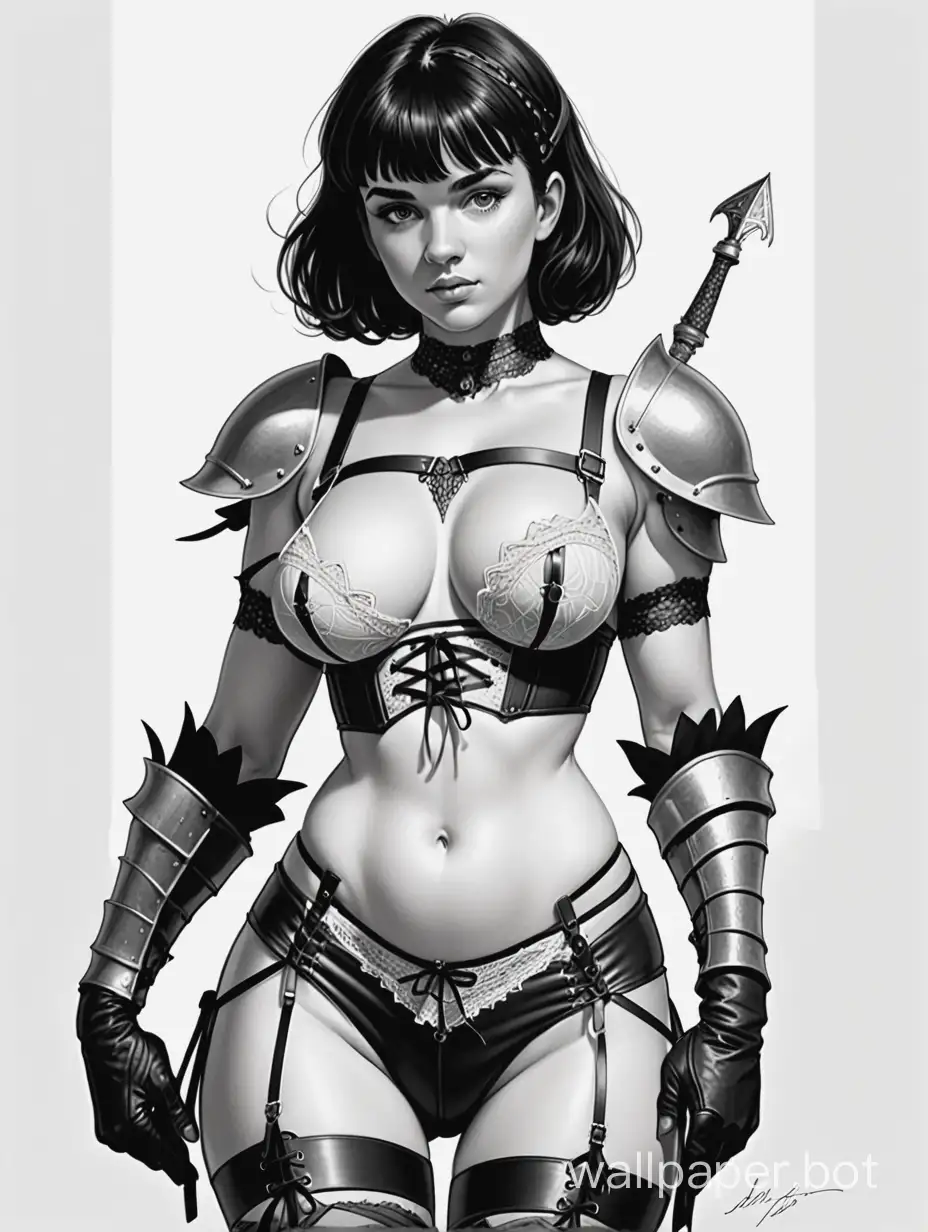 Young Julia Staingruber. 4th size breast. narrow waist. wide hips. pumped abs. Short dark hair with bangs. Lace-up panties, stockings with garters. protection on the right shoulder. light leather armor. Amazonian, Turkish. Black and white sketch, white background, full-length, magic nude