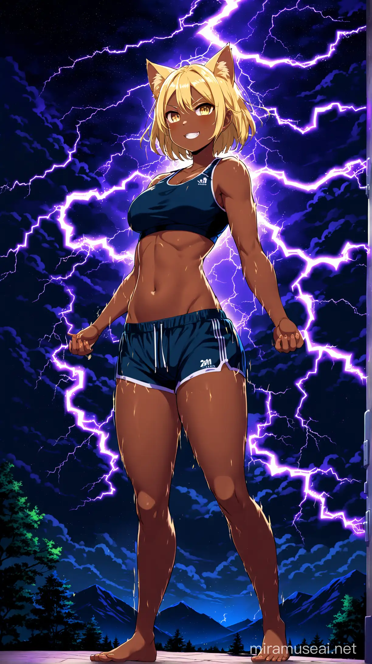 Electric Mountain Temptress Blonde Catgirl in Lightning Storm