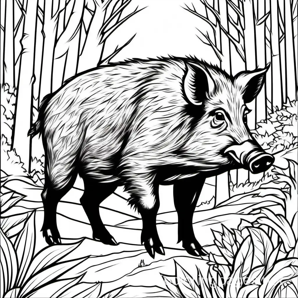 create a b/w coloring book page of wild boar
 in the forest ; line-art; realistic; bold lines; white background; no color, no grey-tone, no shading ; , Coloring Page, black and white, line art, white background, Simplicity, Ample White Space. The background of the coloring page is plain white to make it easy for young children to color within the lines. The outlines of all the subjects are easy to distinguish, making it simple for kids to color without too much difficulty, Coloring Page, black and white, line art, white background, Simplicity, Ample White Space. The background of the coloring page is plain white to make it easy for young children to color within the lines. The outlines of all the subjects are easy to distinguish, making it simple for kids to color without too much difficulty