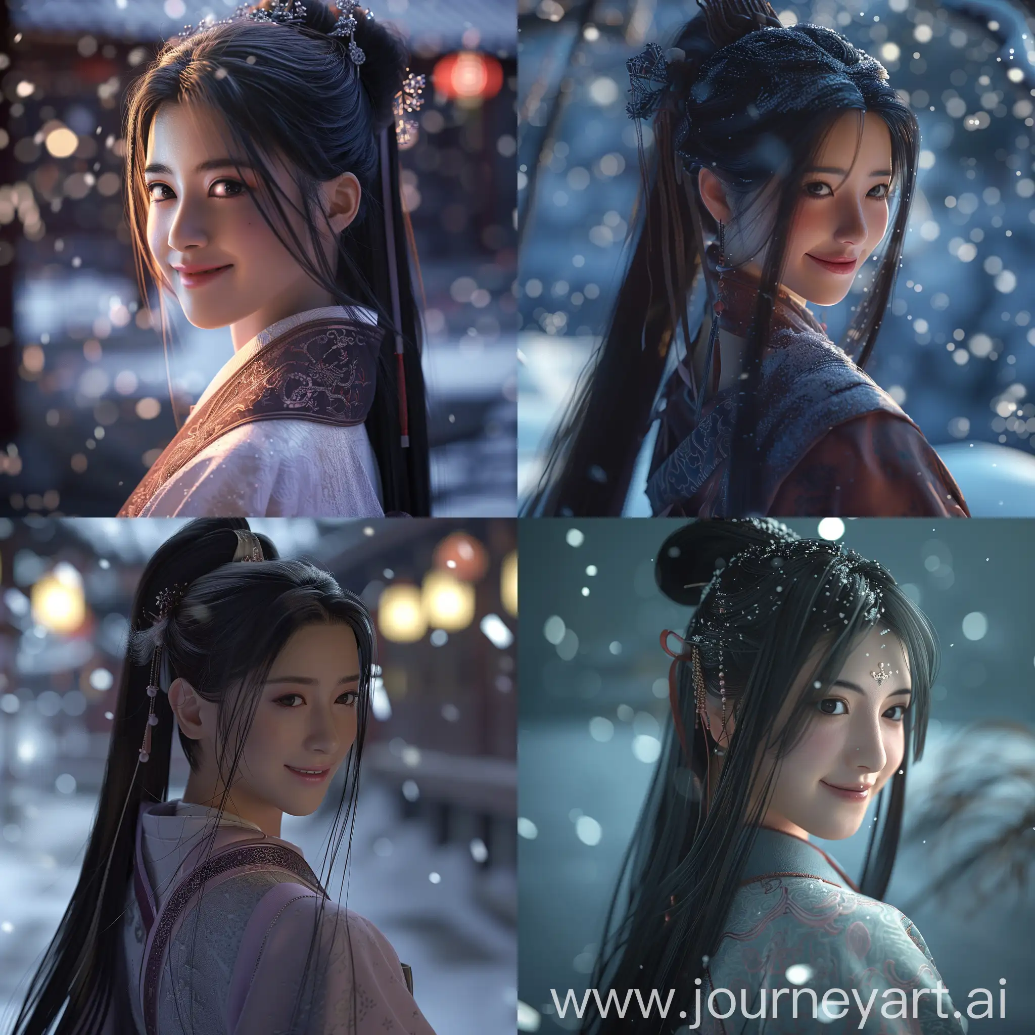 Smiling-Chinese-Beauty-in-Traditional-Hanfu-Amid-Cyberpunk-Futuristic-Snowscape