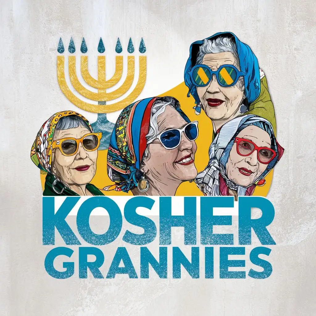 logo, Israel, yellow, blue, white, Jewish old school grannies with David star sunglasses, Israeli colorful traditional Jewish headscarves, 7 branches Menorah, Paul Klee, with the text "Kosher Grannies", typography, be used in Automotive industry
