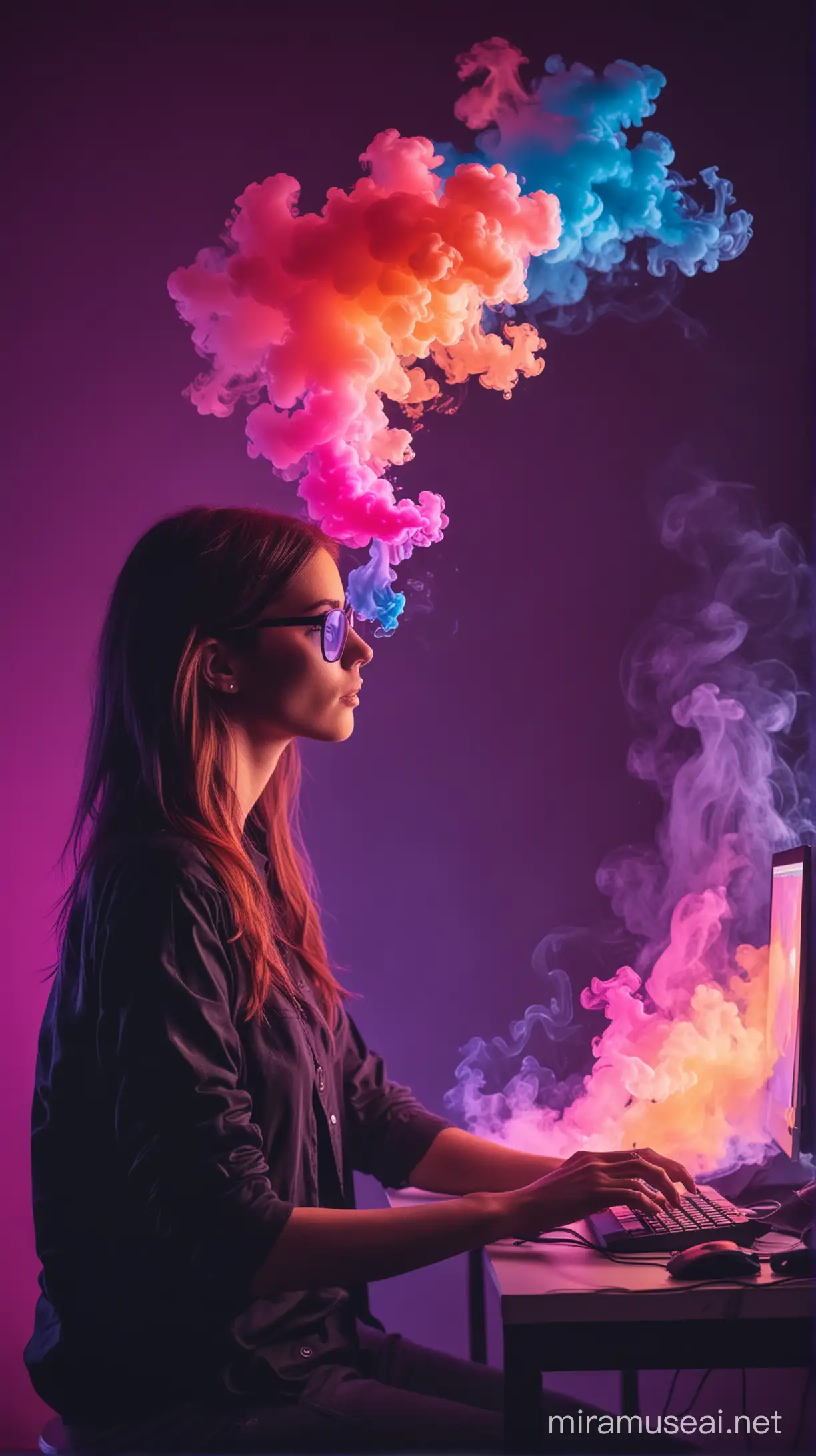 Graphic Designer Working on Computer with Multicolor Smoke Background in Neon Style