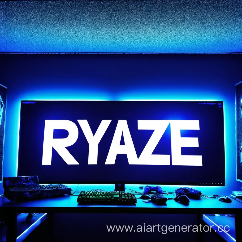 банер с надписью Ryaze в комнате с игровыми компьютерами и синей подсветкой

