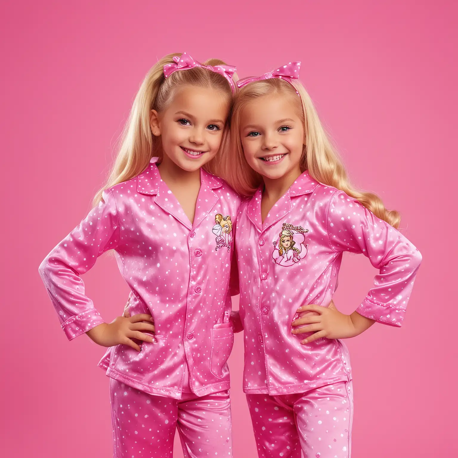 two children aged 4-6 years old. fun. confident. bright. happy. smiles. dance camp. barbie theme. close up. pink pajama party. dancing in my dreams.