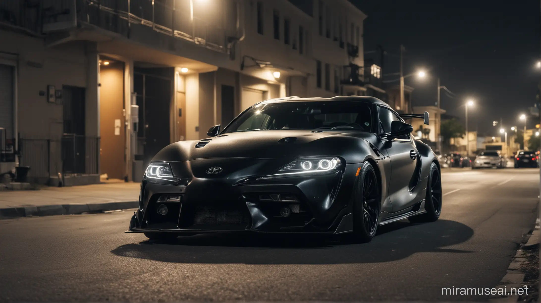 generate a photo of black aggresive toyota supra with a street in the background at night
