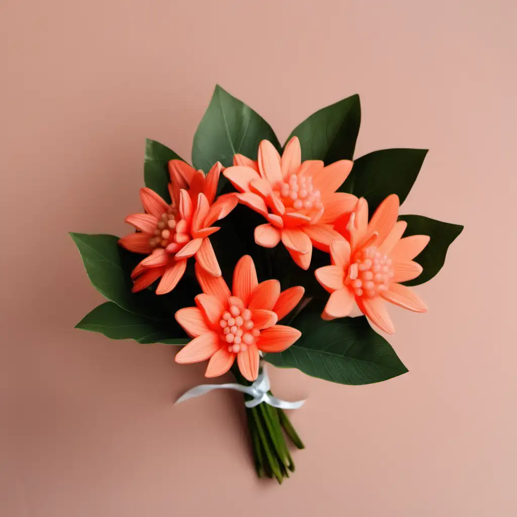simple small bouquet  of  coral color flowers with leaves