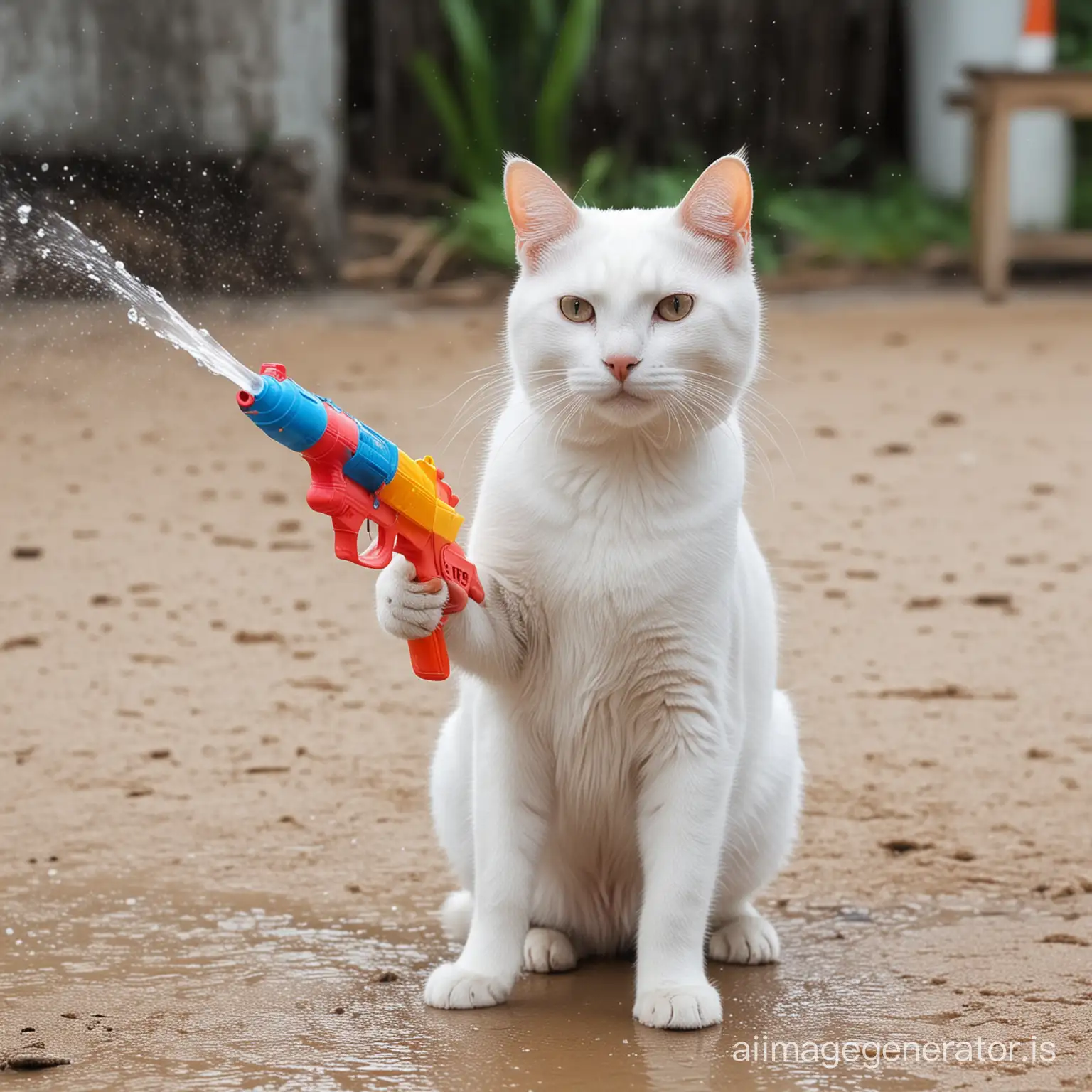 Adorable-White-Cat-Enjoying-Songkran-Water-Gun-Fun