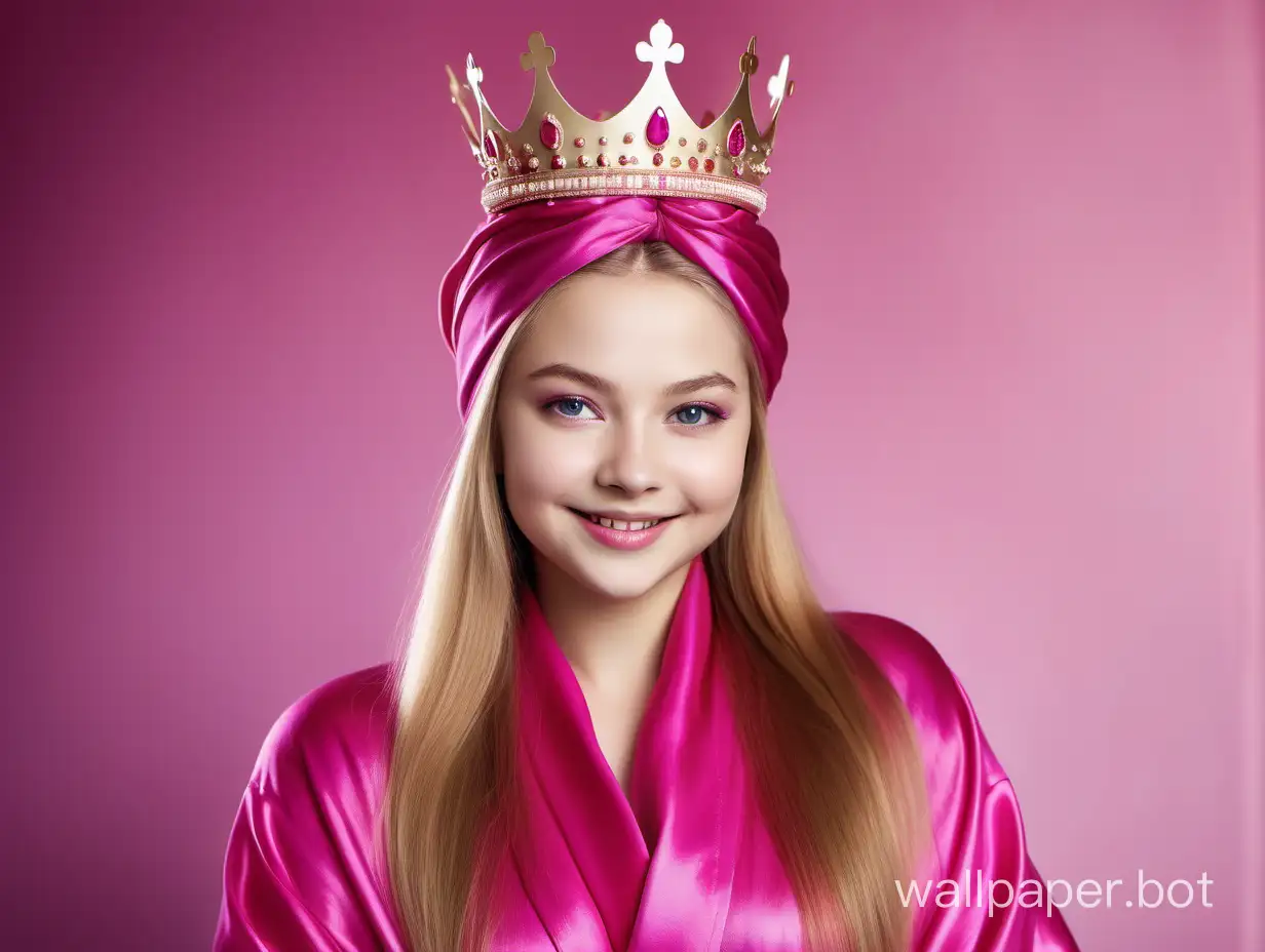 Glamourous portrait of sweet, young, sunny queen Yulia Lipnitskaya with long straight silky hair Smiling in Luxurious Pink fuchsia Silk robe with pink fuchsia silk towel turban and crown on the head